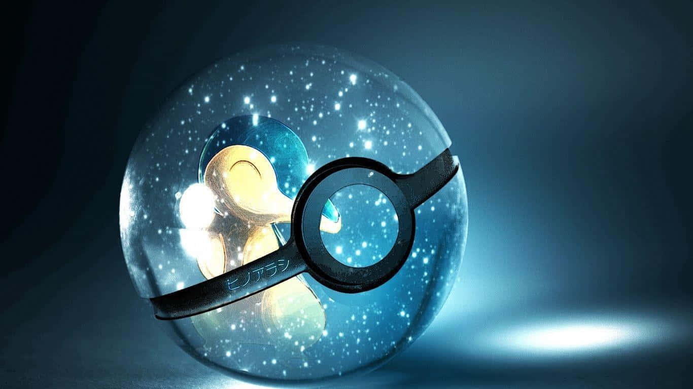 可愛寶可夢 桌布 壁紙 — 一個發光的精靈球，裝滿閃爍星星和一隻金色寶可夢，背景為深藍色漸變。