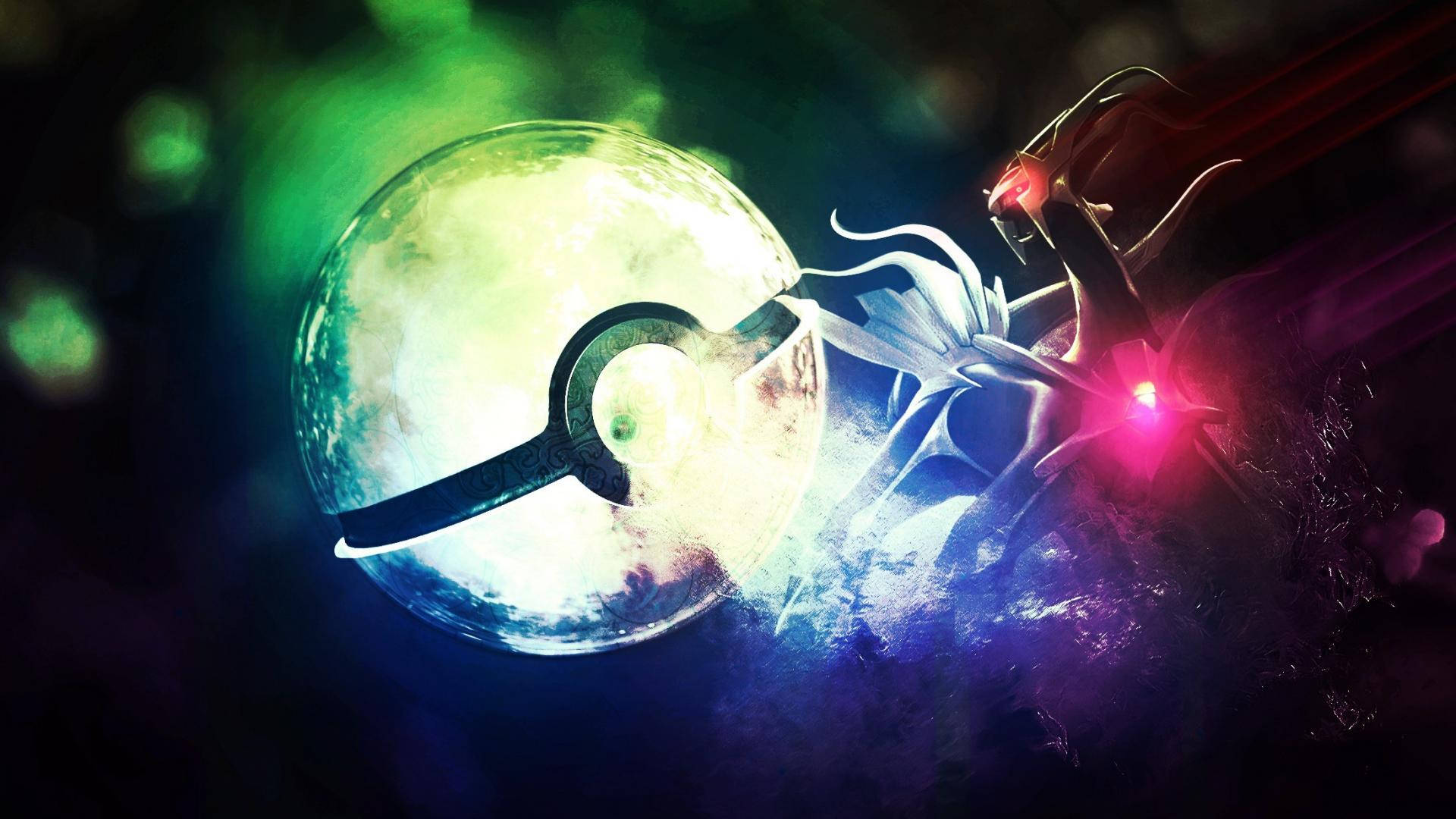 Dialga 桌布 壁紙 — 一個發光的精靈球隨著能量脈動，一個幽靈系寶可夢從釋放中出現，被充滿活力的綠色和紫色宇宙光包圍。