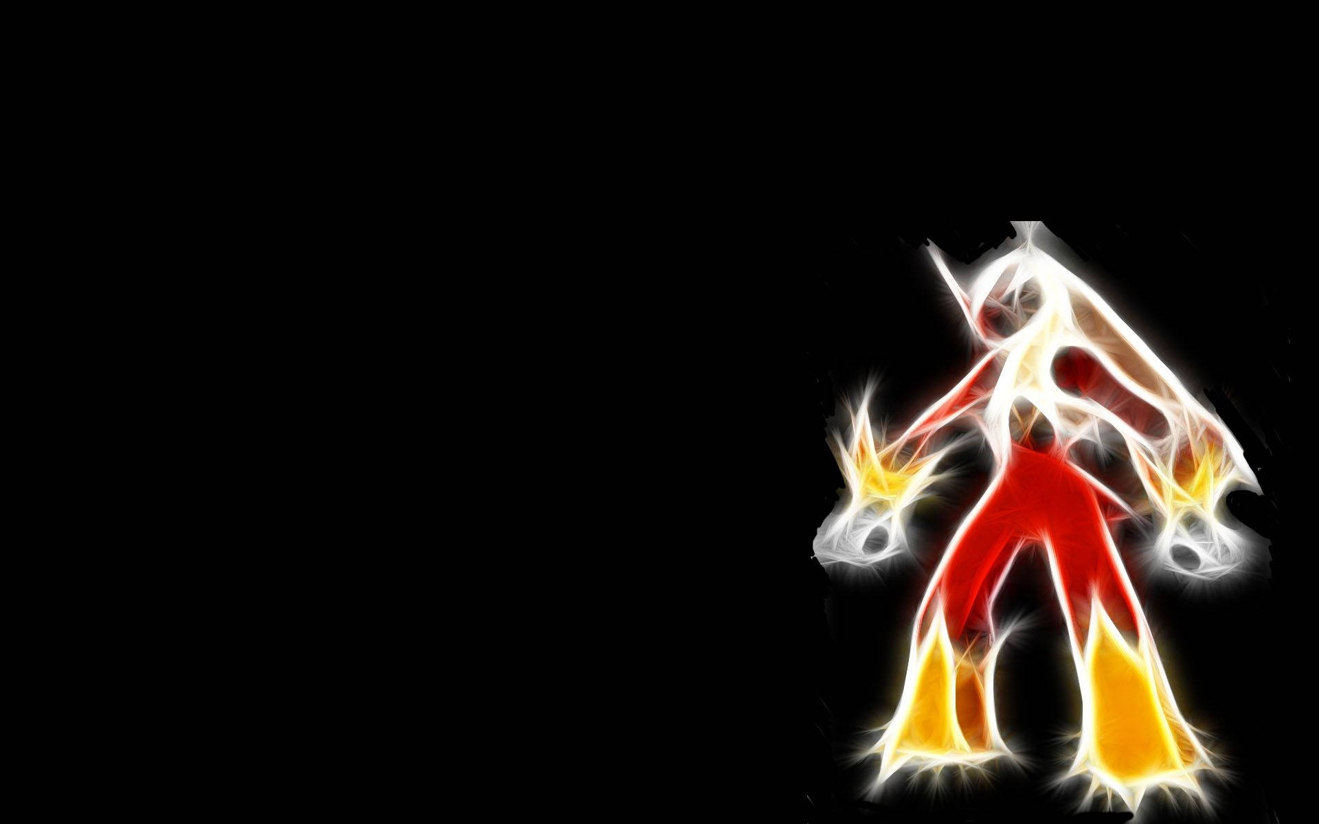 Blaziken 桌布 壁紙 — 一個發光的紅白相間人形，帶有火黃色的手腳，站在黑色背景前。