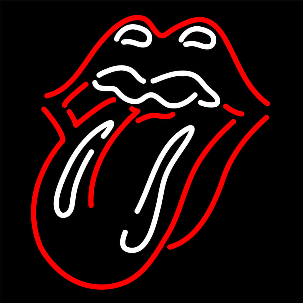 Tongue 桌布 壁紙 — 一個發光的紅白霓虹標誌，描繪了一個風格化的舌頭從嘴唇伸出，背景為黑色。