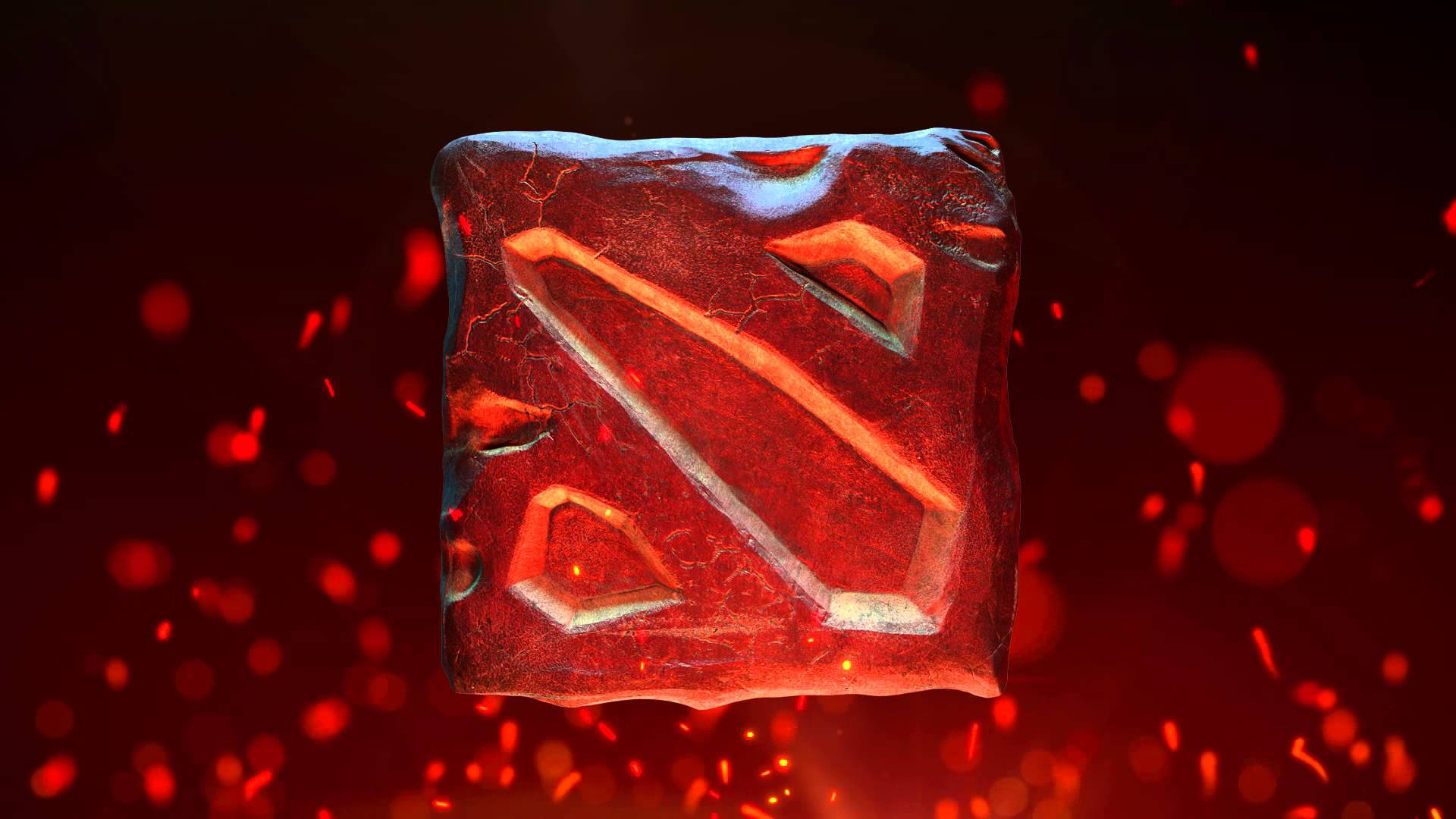 Dota 2 Desktop 桌布 壁紙 — 一個發光的紅色 Dota 2 標誌雕刻在一個半透明的方塊中，周圍有火花漂浮在黑暗的背景上。