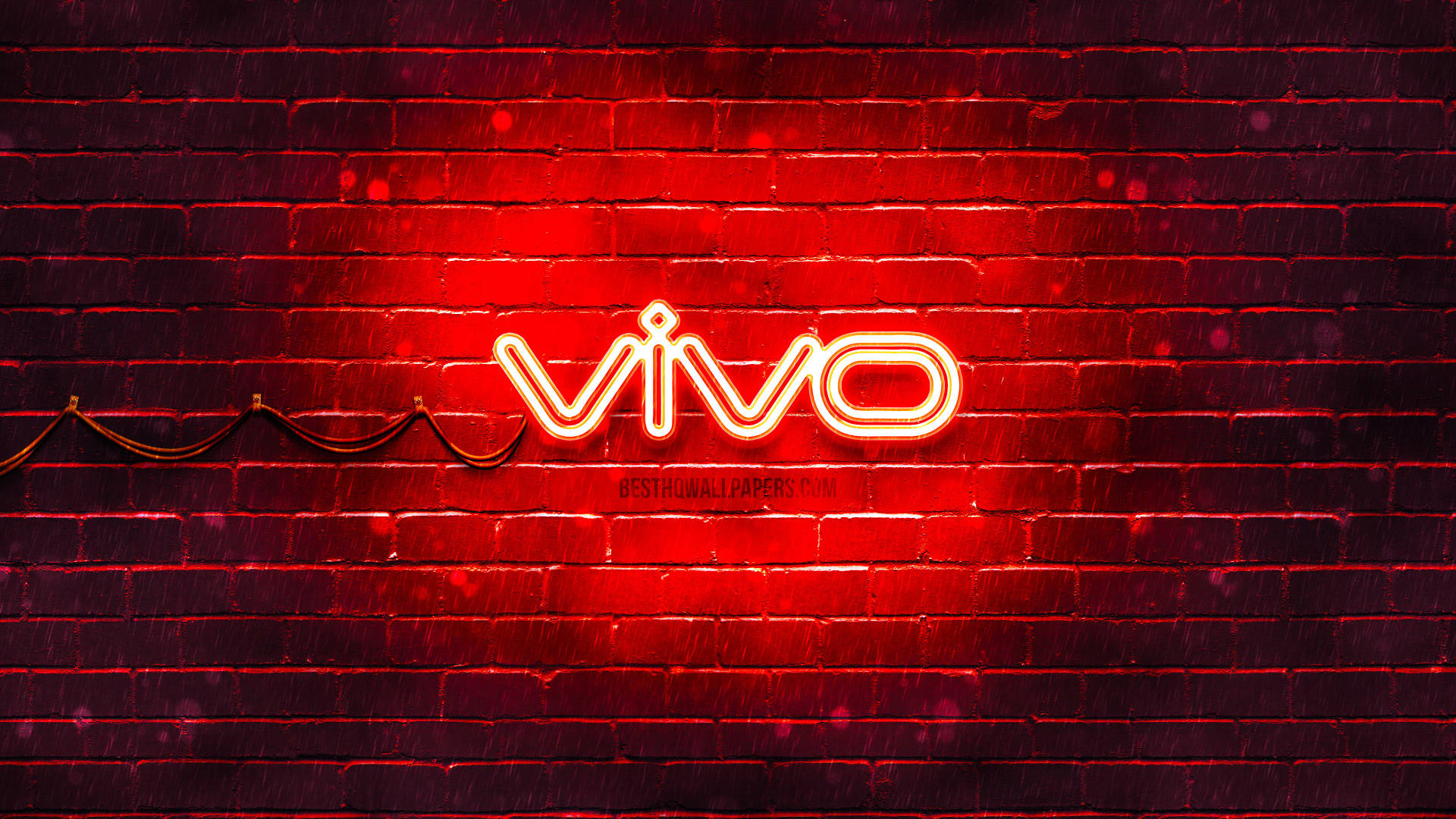 標誌 桌布 壁紙 — 一個發光的紅色 vivo 霓虹燈招牌在帶有紋理的磚牆上投射出溫暖的光線，帶有細微的雨痕和散景效果。
