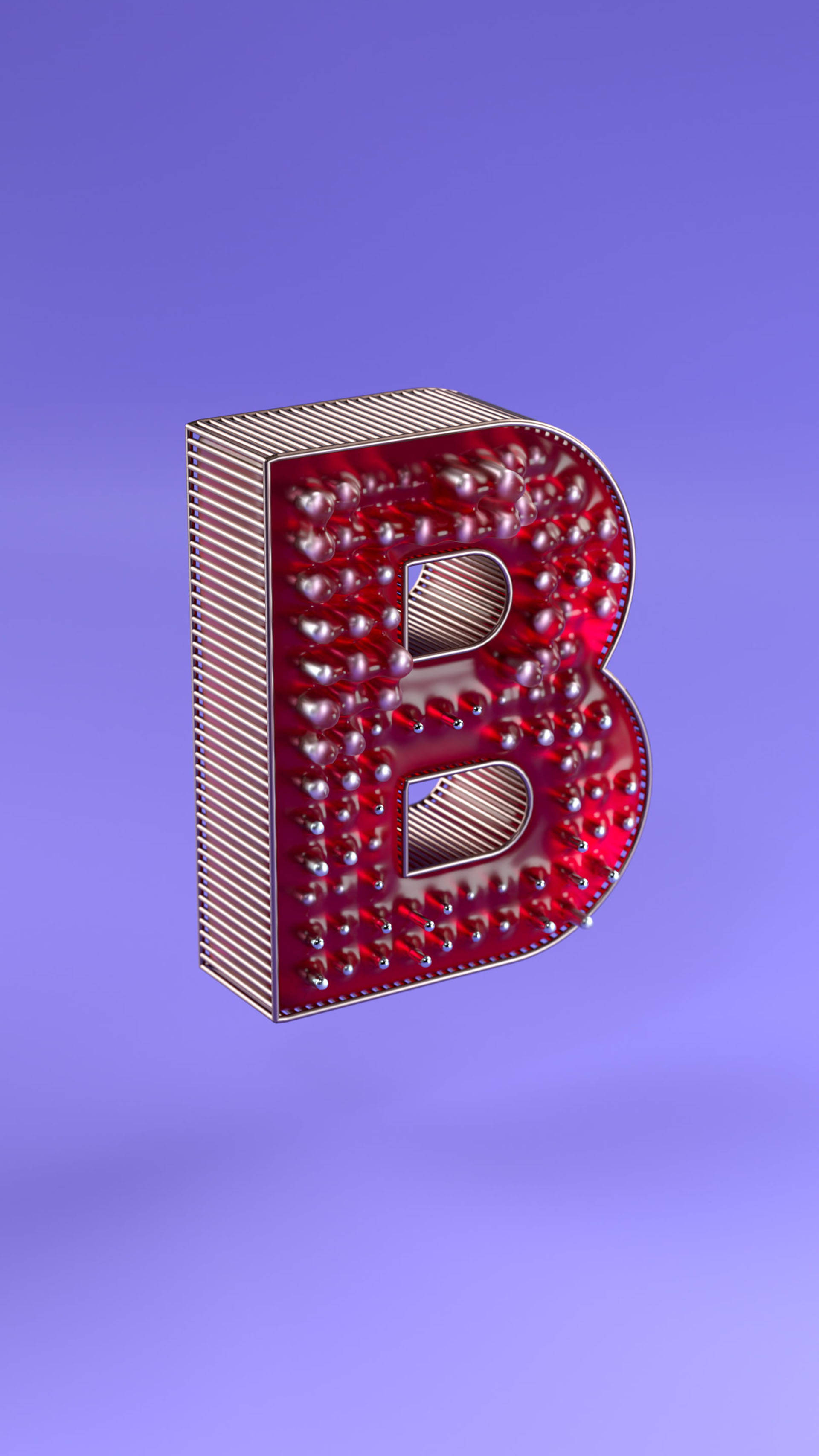 字母B 桌布 壁紙 — 一個發光的紅色3D字母B，飾有閃爍的燈泡，漂浮在柔和的紫色漸變背景上。
