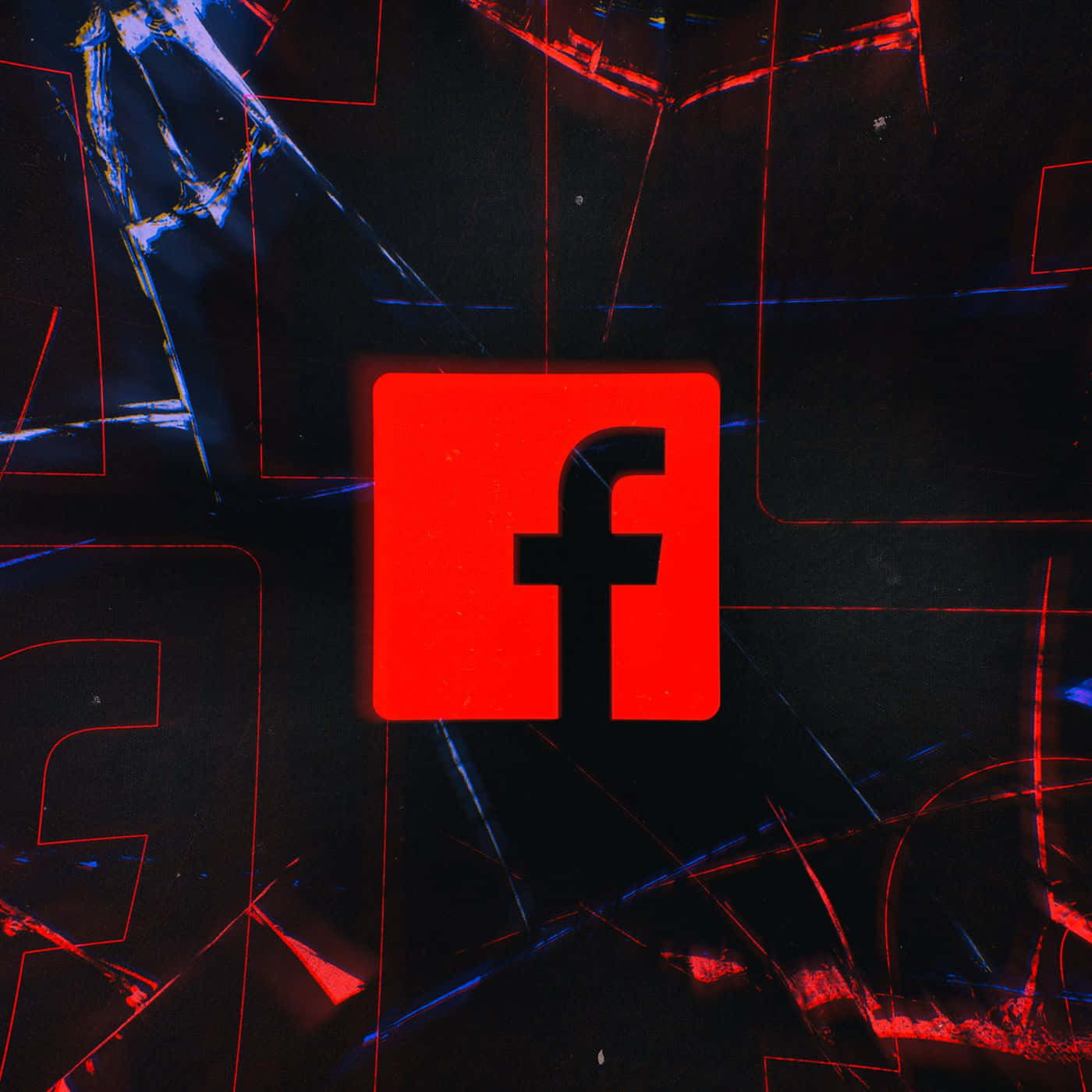Facebook 桌布 壁紙 — 一個發光的紅色Facebook標誌，居中在破碎的玻璃背景上，帶有霓虹紅和藍色裂紋。