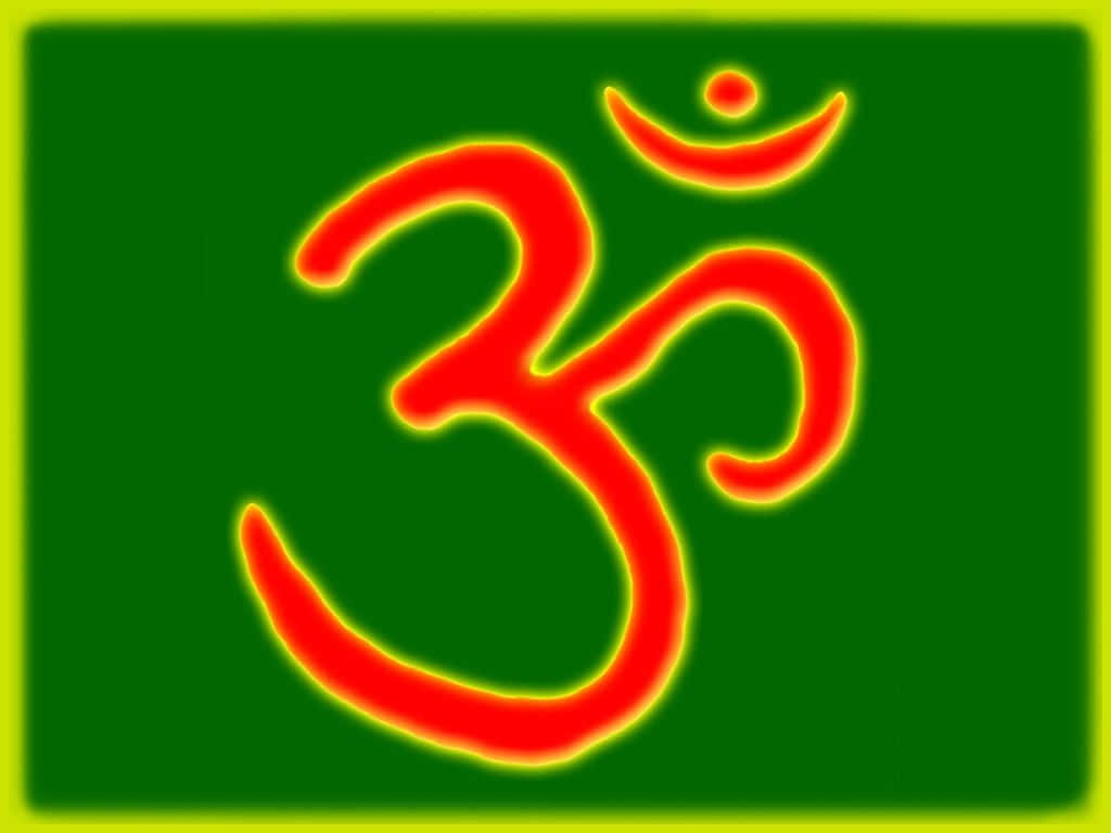 Om 桌布 壁紙 — 一個發光的紅色Om符號，帶有黃色光環，居中在深綠色背景上。