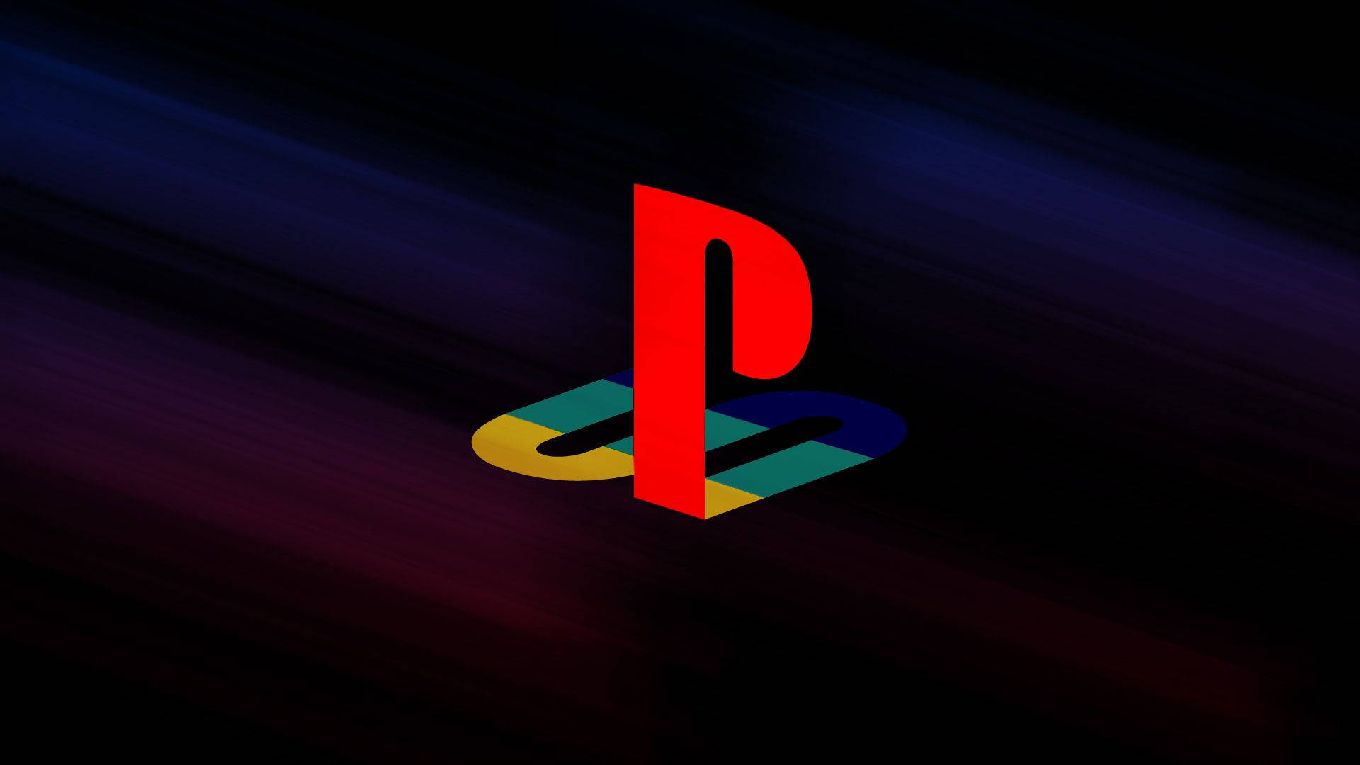 PlayStation 桌布 壁紙 — 一個發光的紅色PlayStation標誌在深藍色和紫色條紋的暗色漸變背景上格外突出。