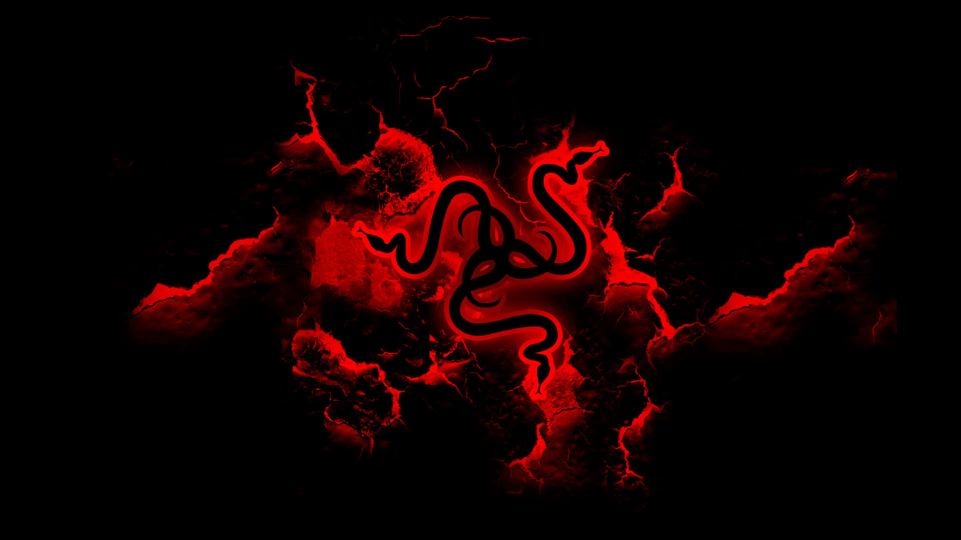 雷蛇 桌布 壁紙 — 一個發光的紅色Razer標誌從黑暗、噼啪作響的能量場中浮現，背景為黑色。