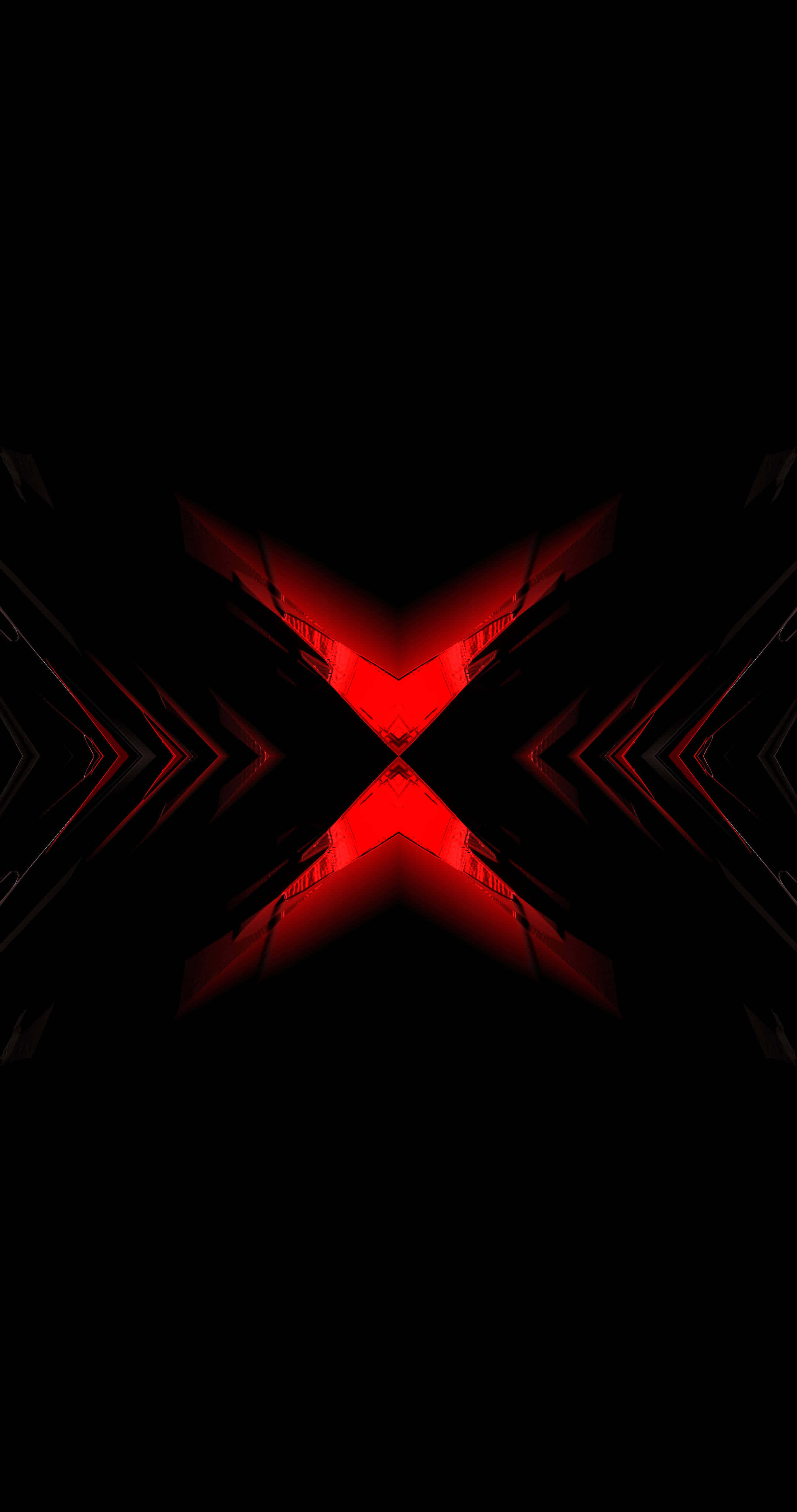 Black Red Neon 桌布 壁紙 — 一個發光的紅色X形光線結構從黑暗虛空中輻射出來，帶有對稱的幾何圖案。
