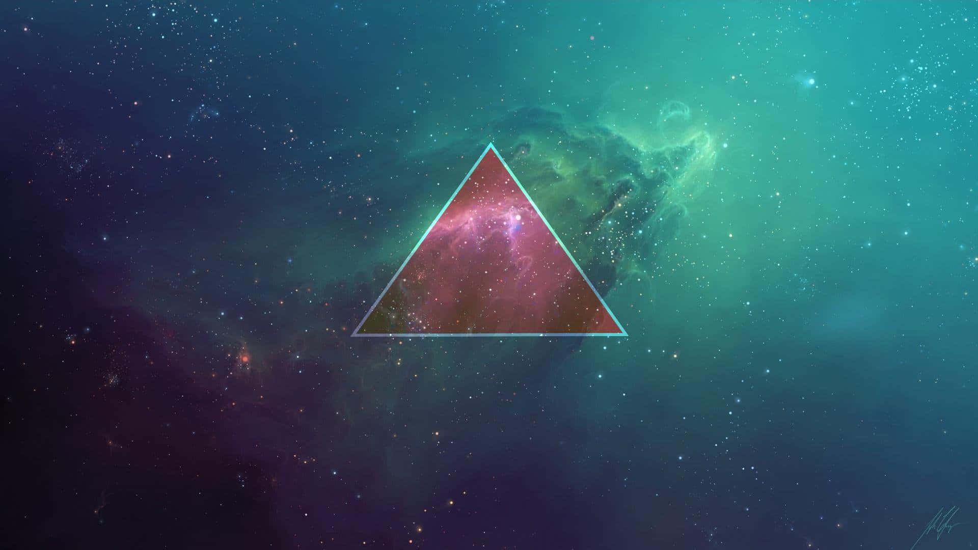 Minimalist Space 桌布 壁紙 — 一個發光的紅色三角形框住一個宇宙星雲，背景是滿天星斗的藍綠色和紫色太空。