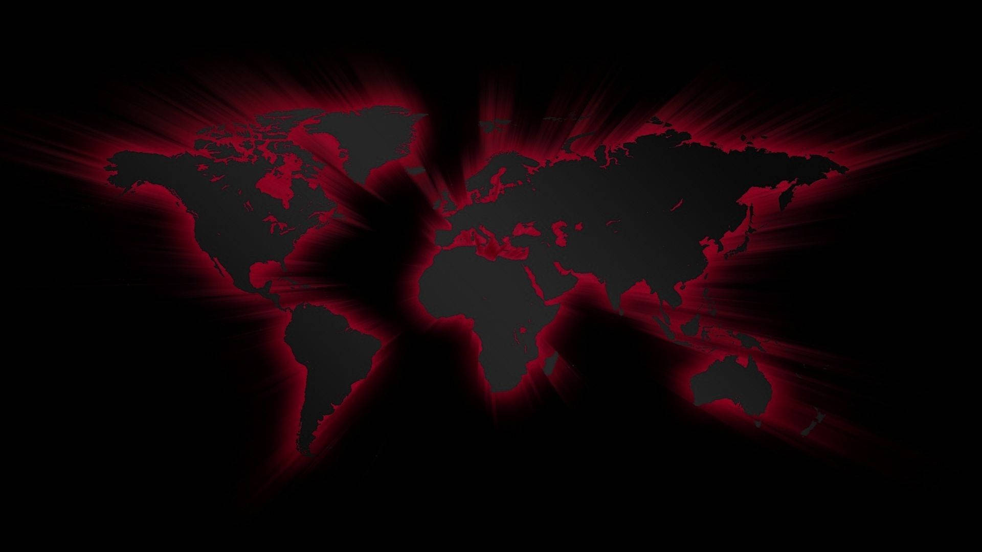 Black And Red 桌布 壁紙 — 一個發光的紅色世界地圖在黑色背景上散發能量，從各大洲射出銳利的光束。