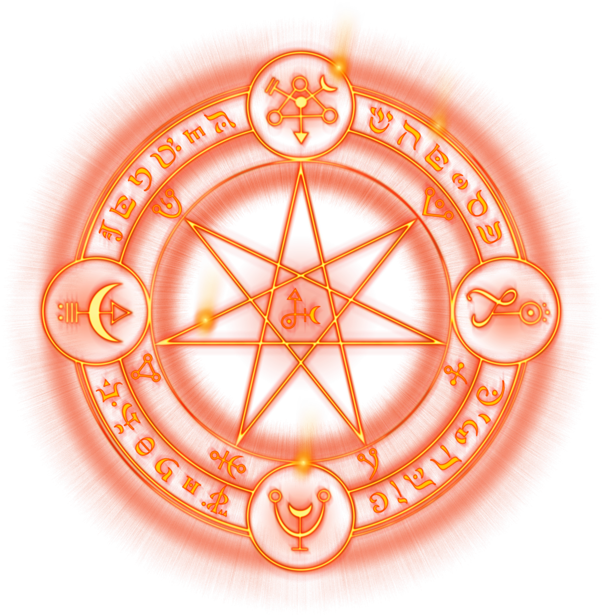 魔法動圖 桌布 壁紙 — 一個發光的紅色五角星，周圍環繞著希伯來文字和神秘符號，在黑色背景上散發光芒。
