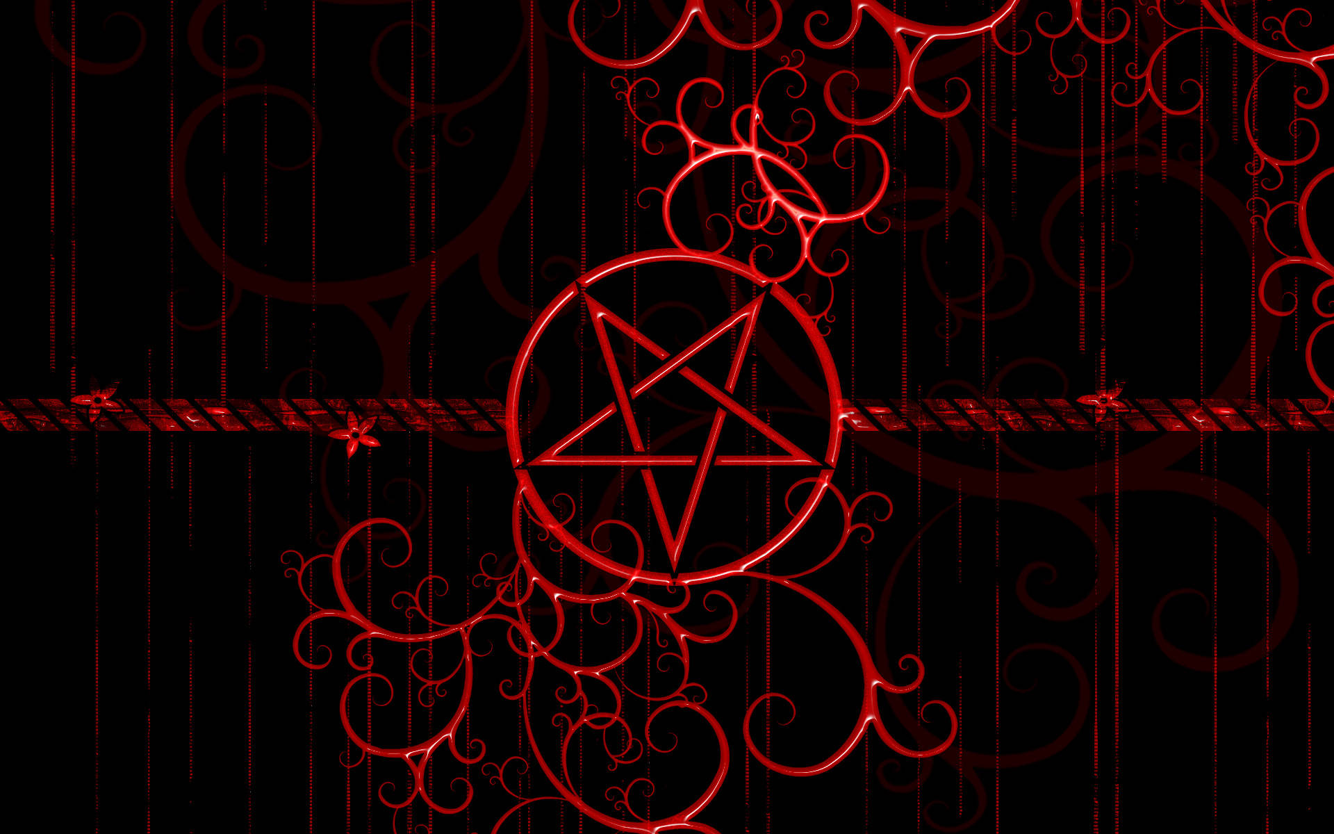 Pentagram 桌布 壁紙 — 一個發光的紅色五角星，周圍環繞著華麗的漩渦，背景為帶有垂直線條的深色。