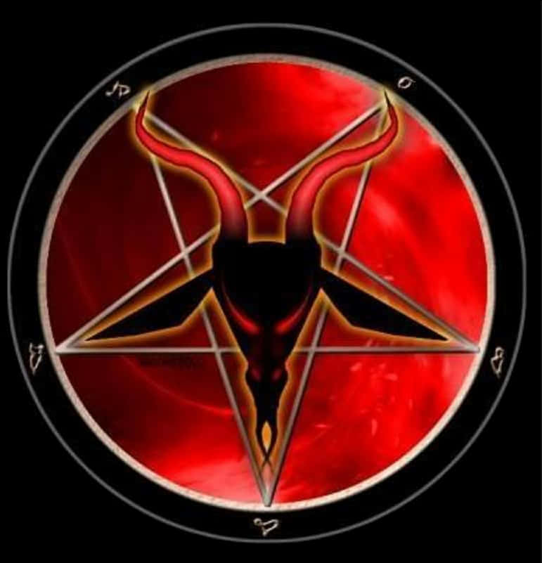 Pentagram 桌布 壁紙 — 一個發光的紅色倒五角星，中心有一個惡魔山羊頭，背景為黑色。