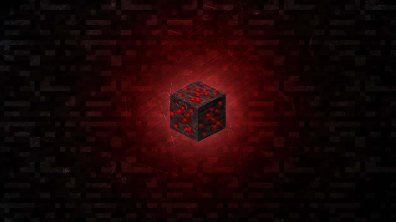 Minecraft Redstone 桌布 壁紙 — 一個發光的紅色像素化立方體帶有紅色點，在深色紋理背景上脈動。