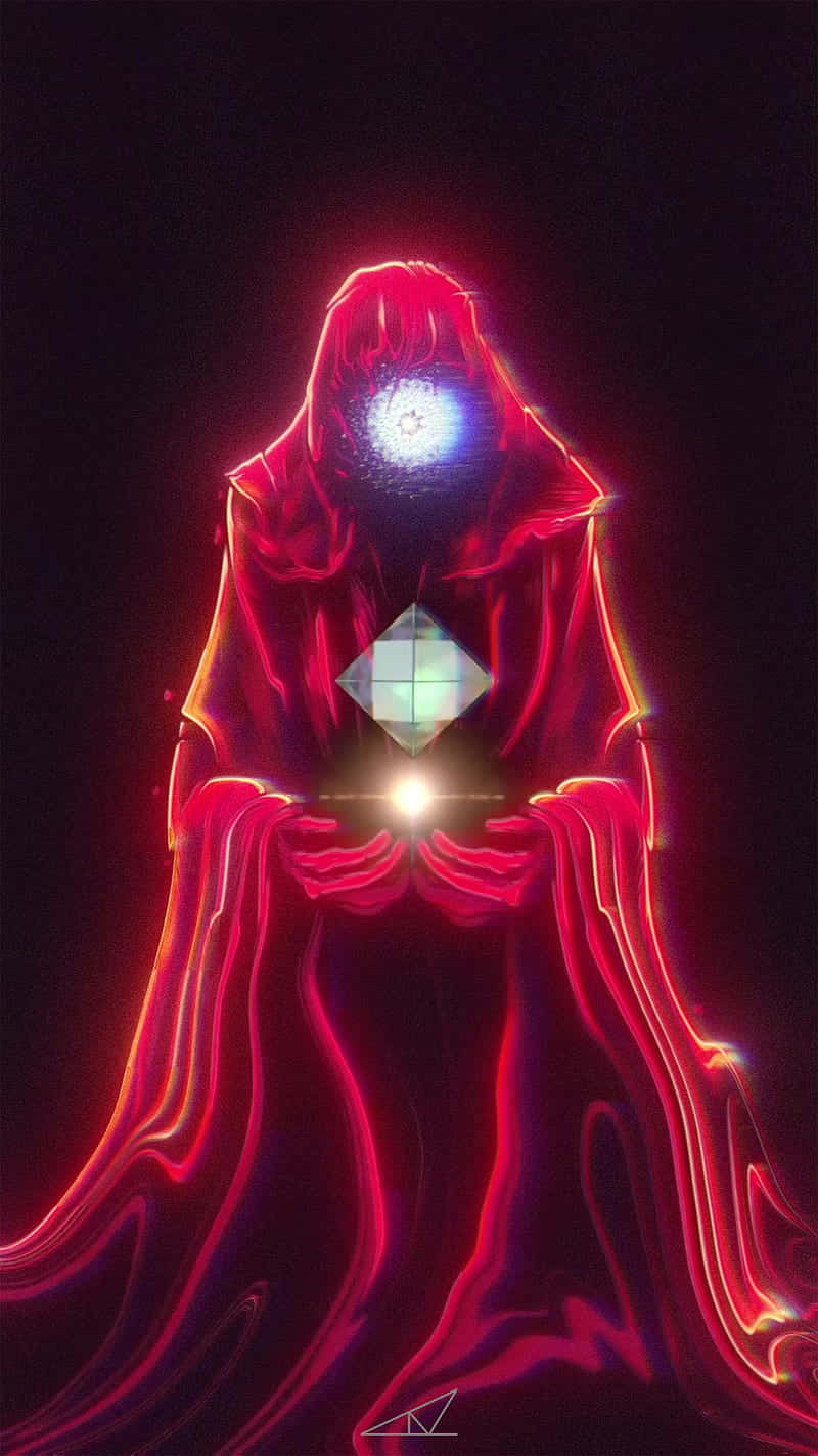 Neon Halloween 桌布 壁紙 — 一個發光的紅色兜帽人物在黑暗虛空中手持一個光芒四射的球體，從胸口和頭部散發出空靈的光芒。