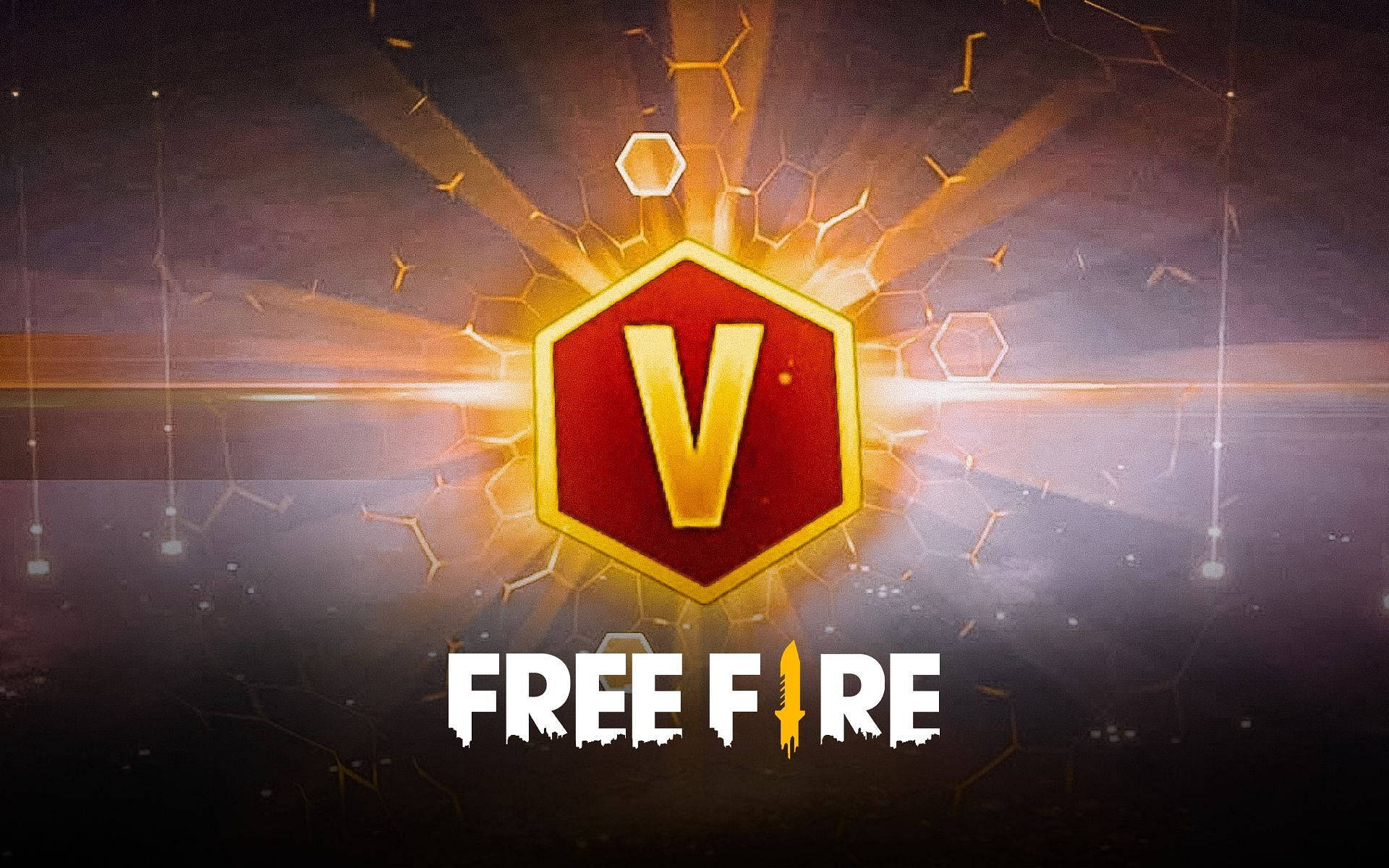 free fire banner 桌布 壁紙 — 一個發光的紅色六邊形徽章，帶有金色的「V」，在帶有六邊形圖案和光線條紋的深色背景上散發能量。