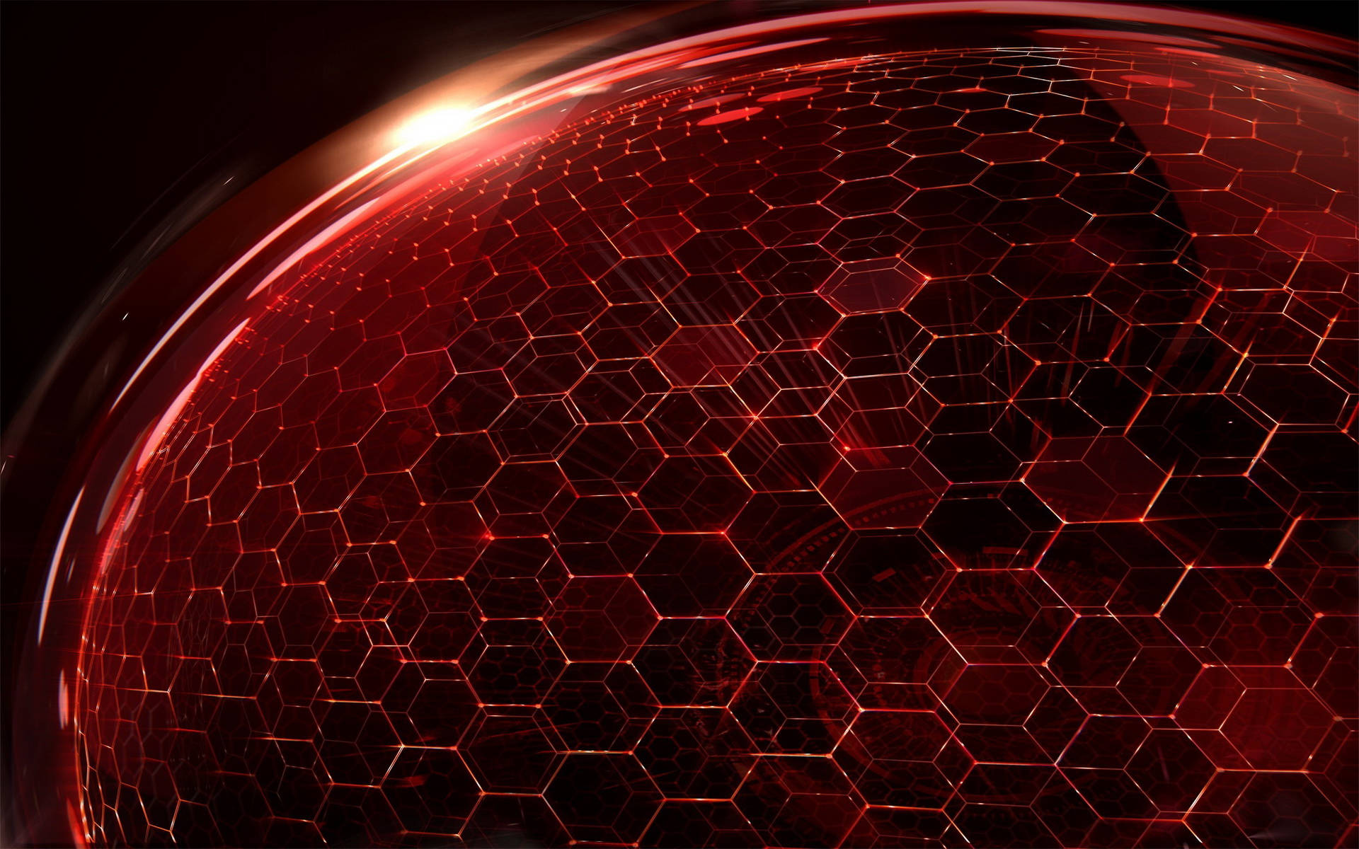 Hexagon 桌布 壁紙 — 一個發光的紅色六邊形網格球體，在其彎曲表面上帶有明亮的閃光，背景為深色。