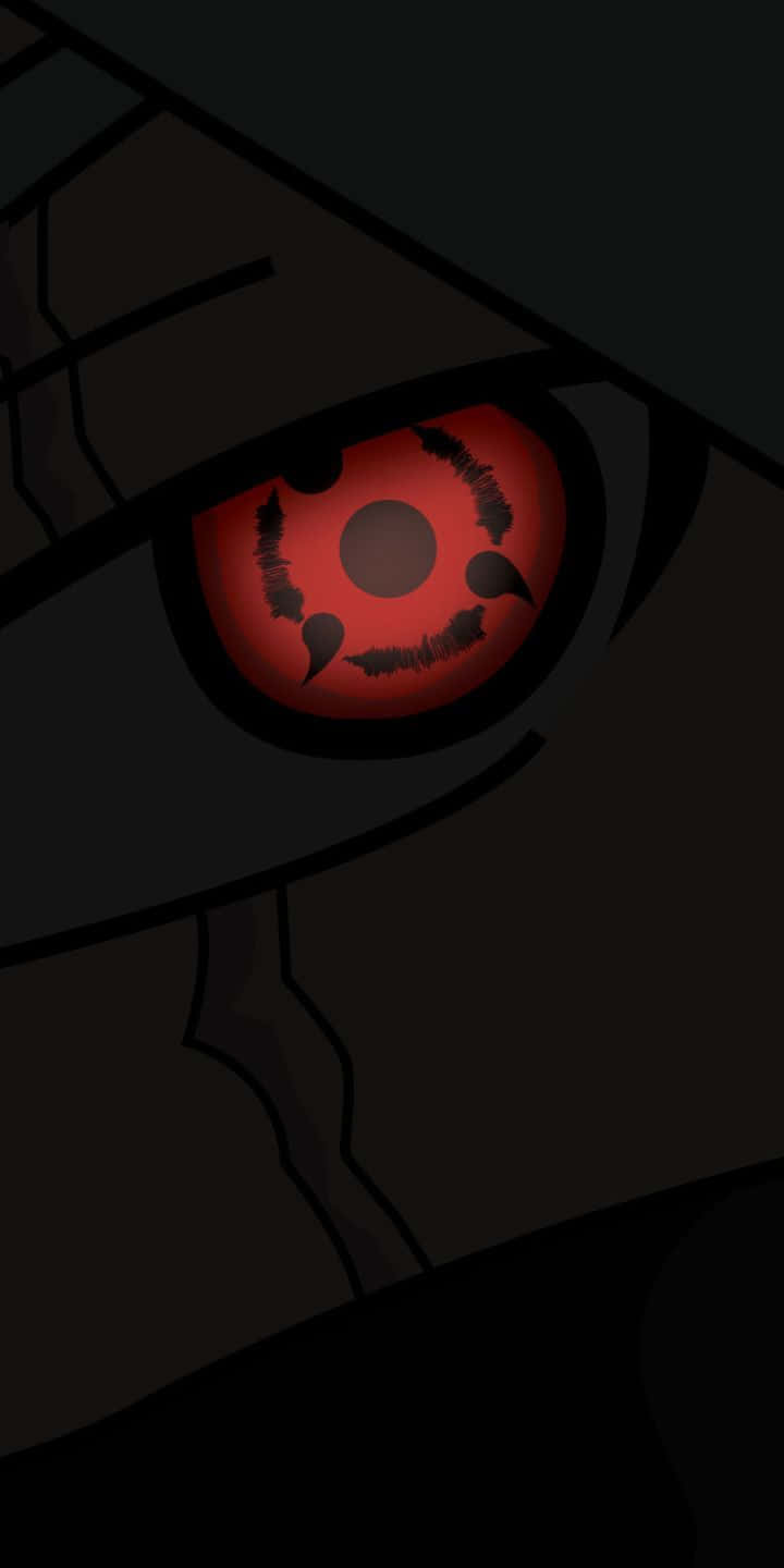 kakashi pfp 桌布 壁紙 — 一個發光的紅色動漫眼睛特寫，帶有黑色巴紋圖案，背景為深色。