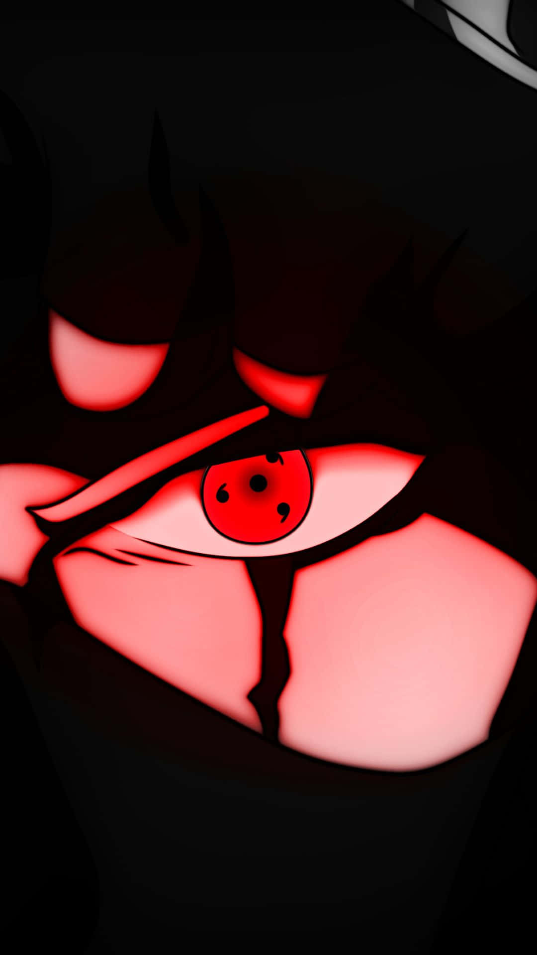 kakashi pfp 桌布 壁紙 — 一個發光的紅色動漫眼睛特寫，帶有黑色巴紋圖案，背景為黑暗。