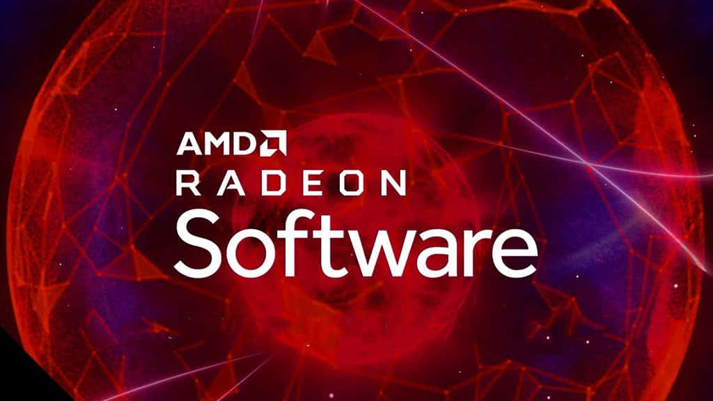 AMD 桌布 壁紙 — 一個發光的紅色和紫色幾何球體，帶有發光線條，白色文字 AMD Radeon Software 居中顯示。