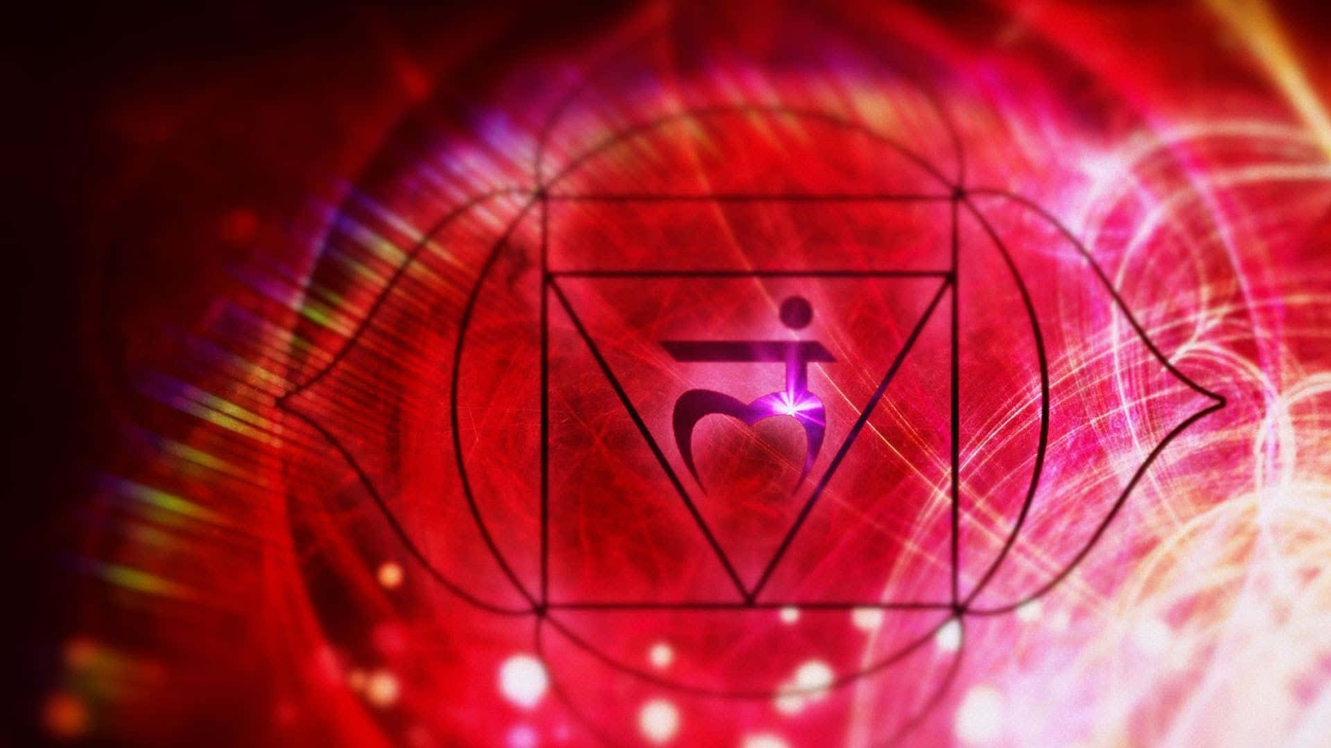 chakra 桌布 壁紙 — 一個發光的紅色和紫色神聖幾何符號在宇宙背景下散發能量。