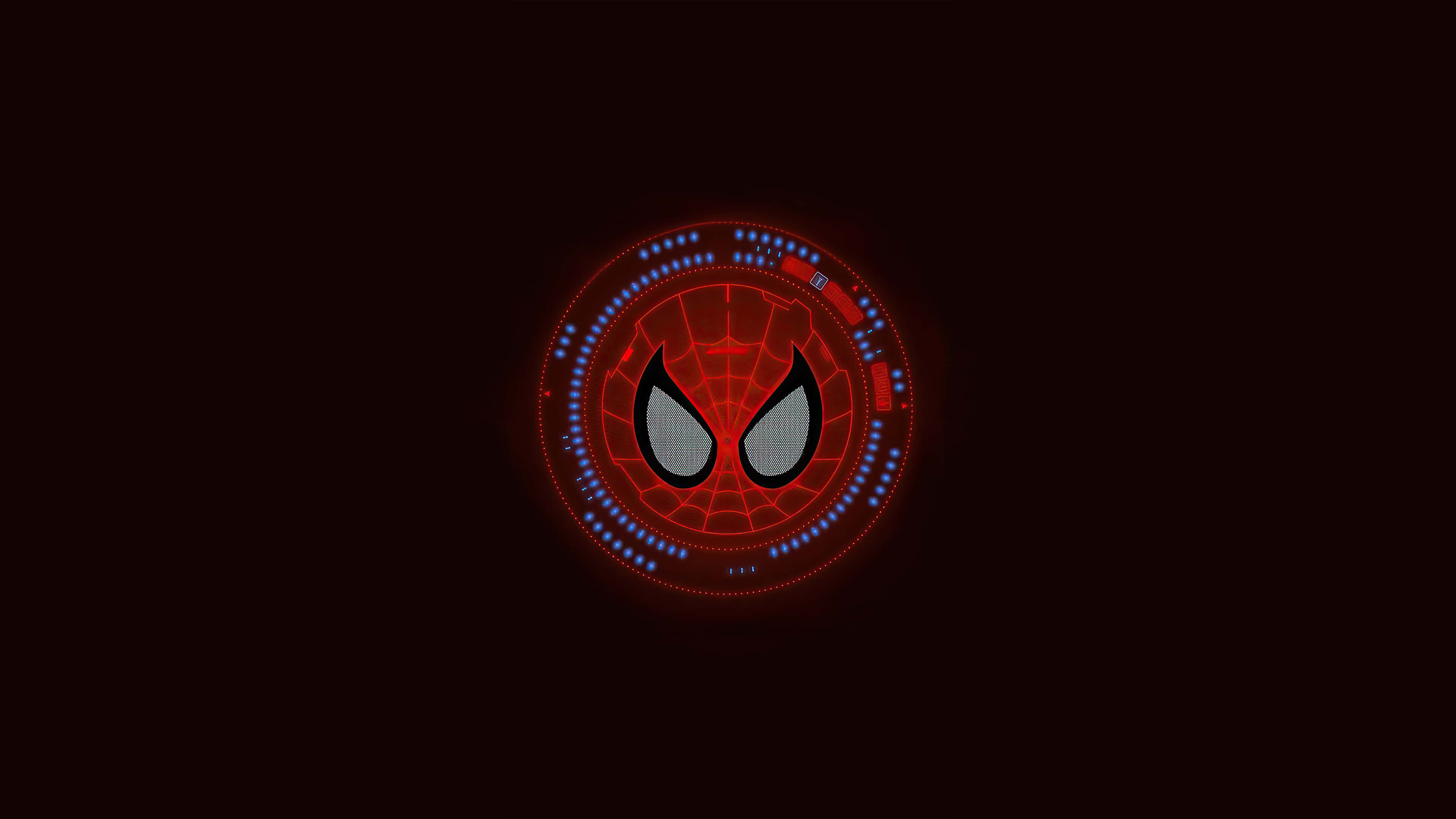 Spider Man Logo 桌布 壁紙 — 一個發光的紅色和藍色數位蜘蛛標誌在黑暗背景上脈動，就像一個高科技介面。
