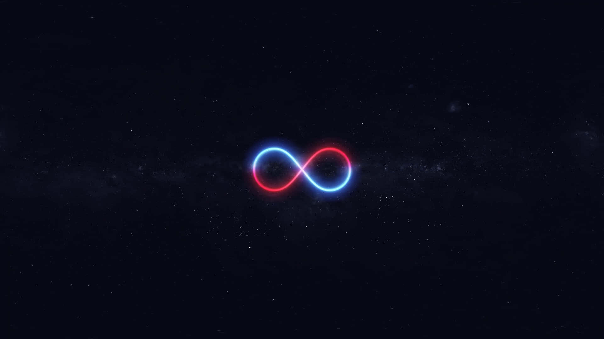 Dark Infinity 桌布 壁紙 — 一個發光的紅色和藍色無限符號漂浮在星空宇宙背景上，帶有微妙的星雲絲縷。