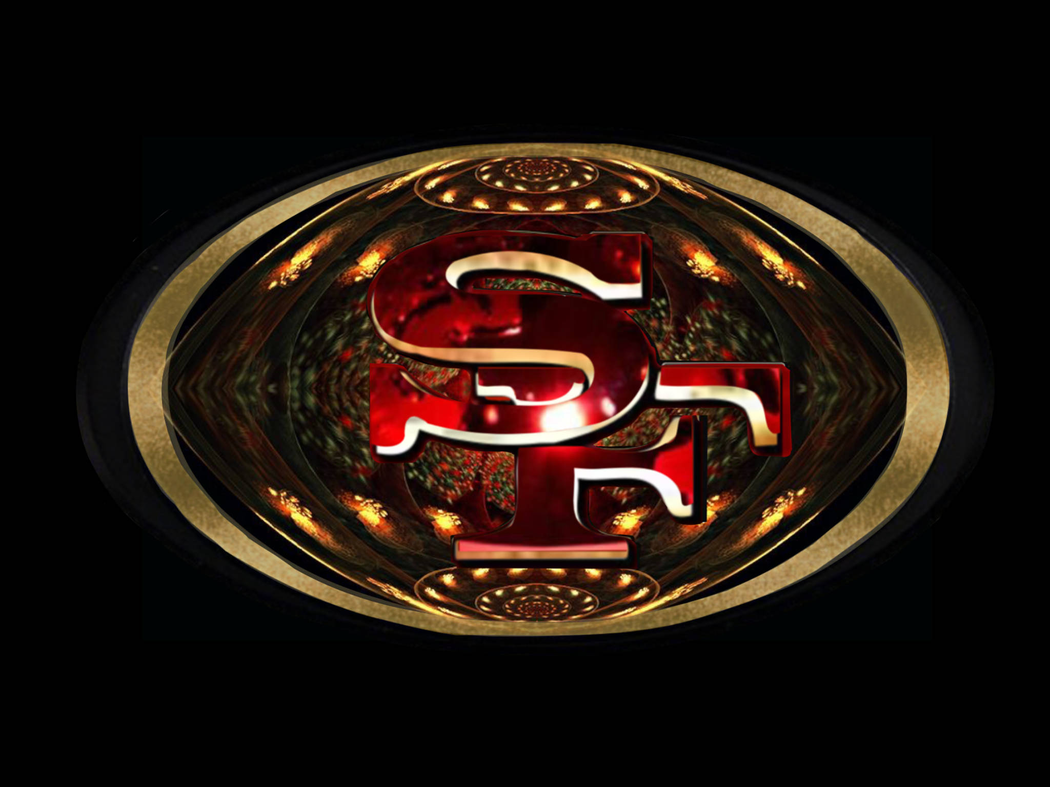 49ers 桌布 壁紙 — 一個發光的紅色和金色3D舊金山49人隊標誌，居中在一個反射橢圓形內，背景為黑色。