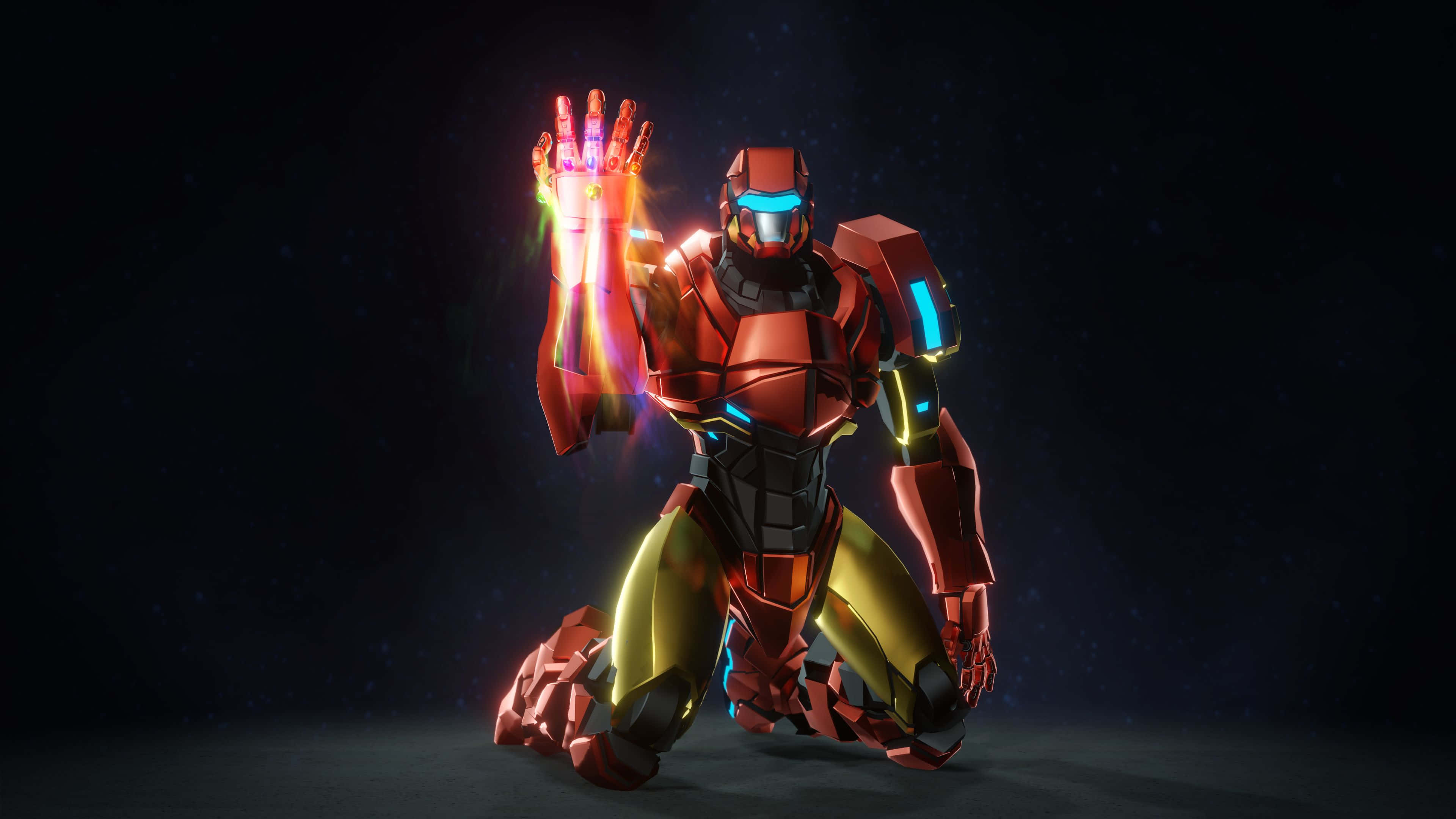 Iron Man Art 桌布 壁紙 — 一個發光的紅色和金色裝甲超級英雄跪在黑暗的星空虛空中，手持一個光芒四射的能量手套。