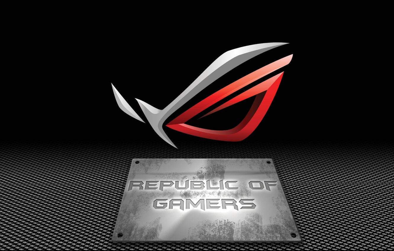 華碩 ROG 桌布 壁紙 — 一個發光的紅色和銀色 ROG 標誌懸浮在一個金屬牌匾上方，牌匾上寫著 Republic of Gamers，背景是深色穿孔表面。