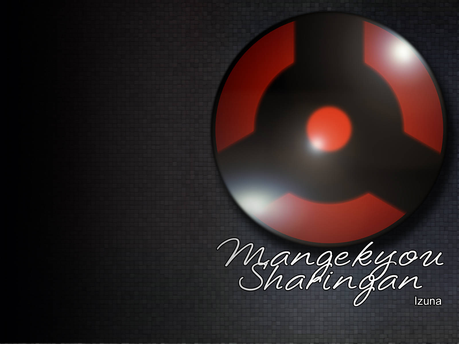 Mangekyou Sharingan 桌布 壁紙 — 一個發光的紅色和黑色萬花筒寫輪眼圖案漂浮在深色磁磚牆上，下方有風格化文字。