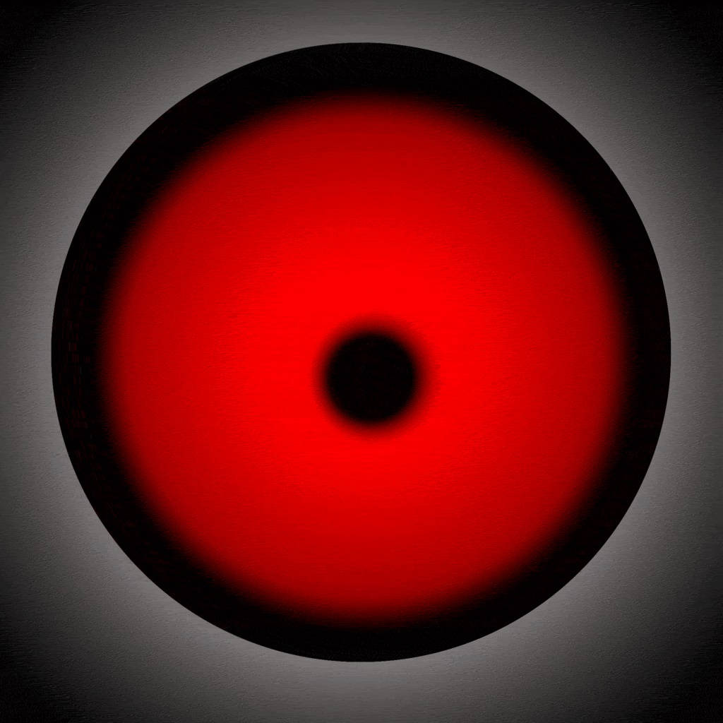 Mangekyou Sharingan 桌布 壁紙 — 一個發光的紅色圓形眼睛，黑色瞳孔居中在漸變灰色背景上。