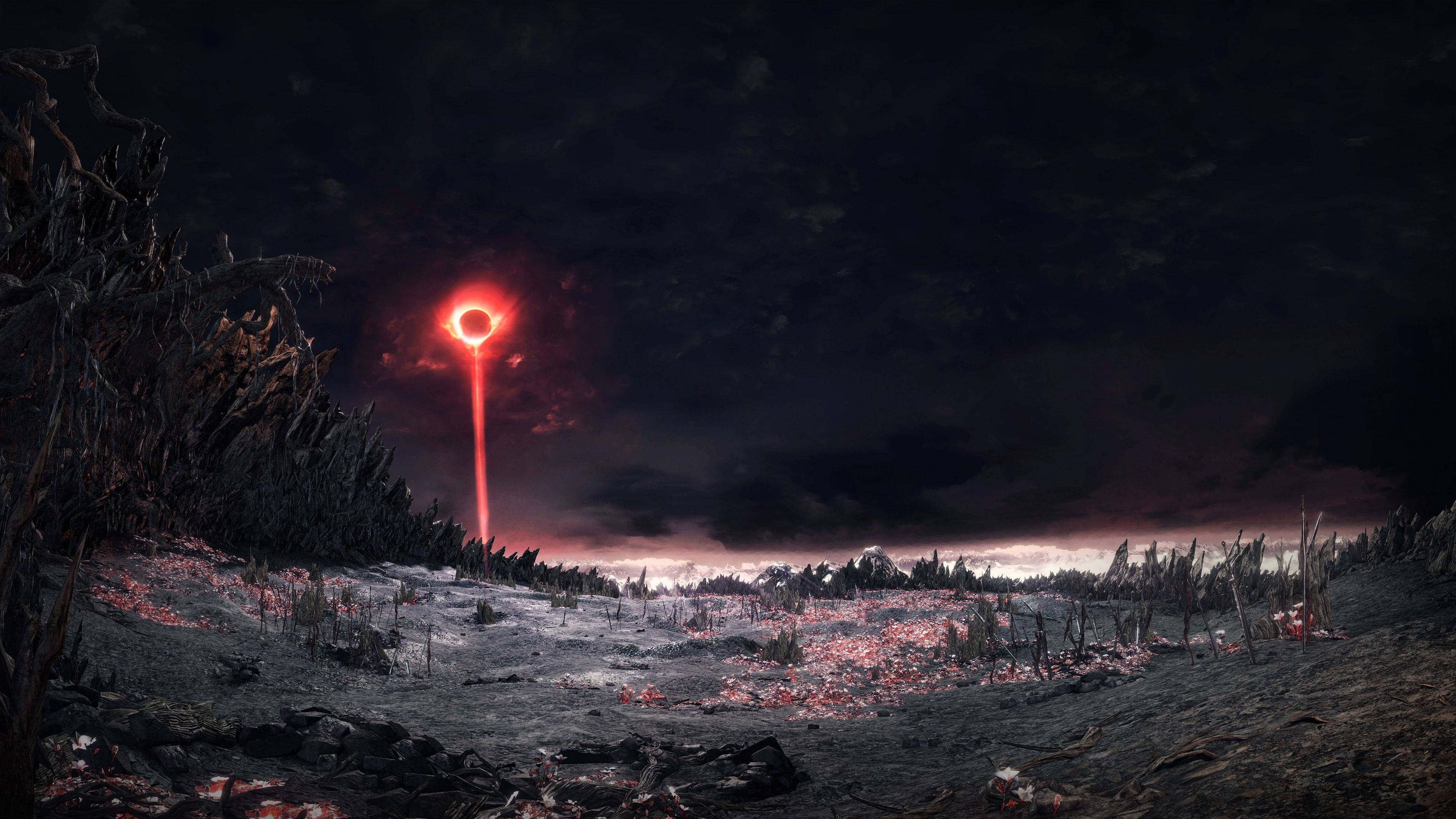 dark souls 4K 桌布 壁紙 — 一個發光的紅色圓環懸浮在荒涼、佈滿灰燼的廢土之上，天空陰暗而充滿不祥之兆。