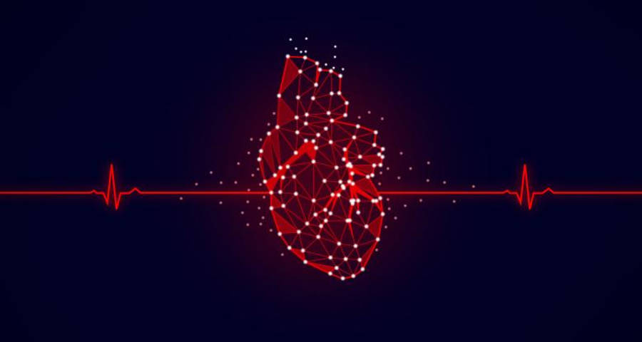 Heartbeat 桌布 壁紙 — 一個發光的紅色多邊形心臟漂浮在心跳線上方，背景為深藍色。