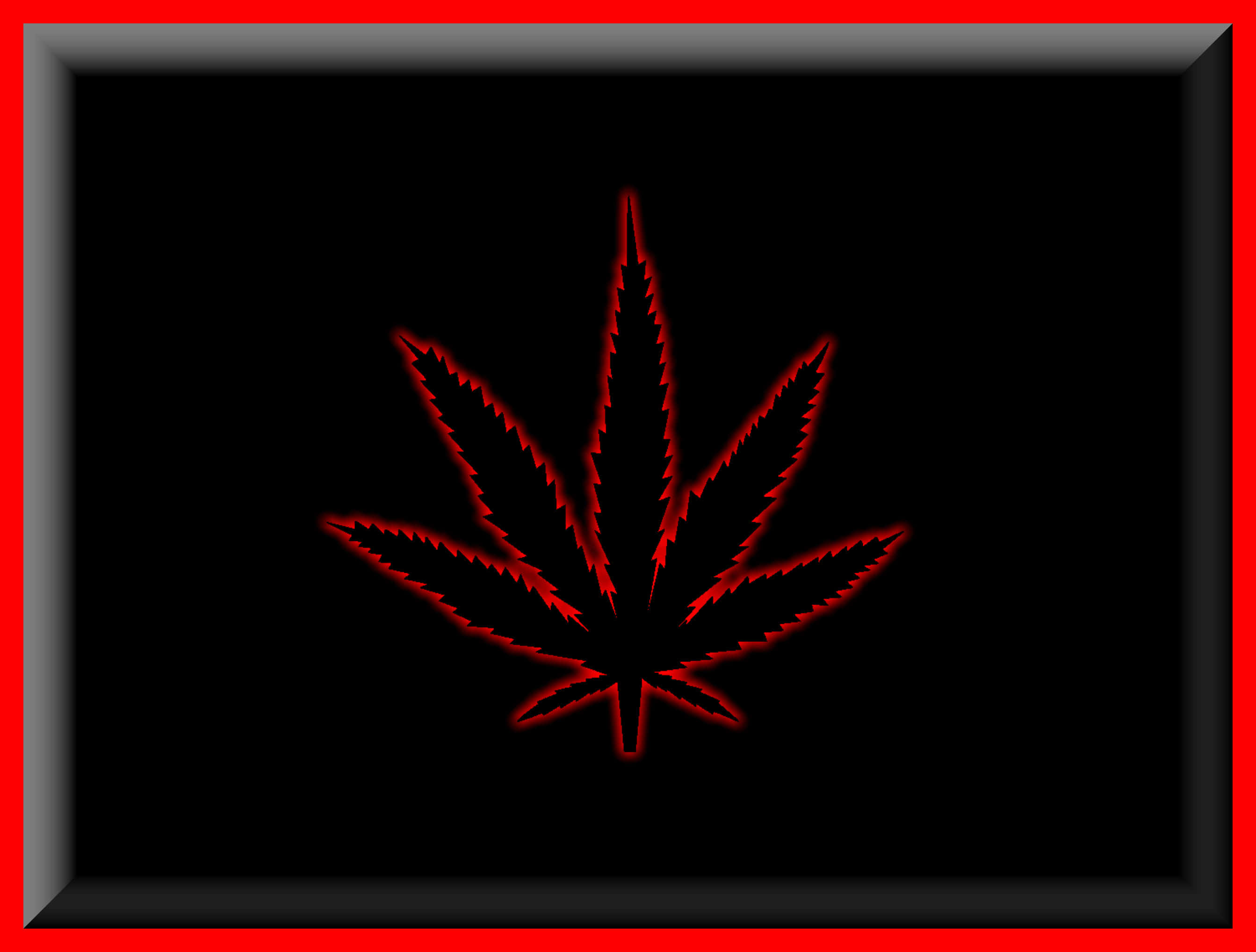 葉子 桌布 壁紙 — 一個發光的紅色大麻葉剪影，居中於黑色背景上，置於大膽的紅色和黑色邊框內。
