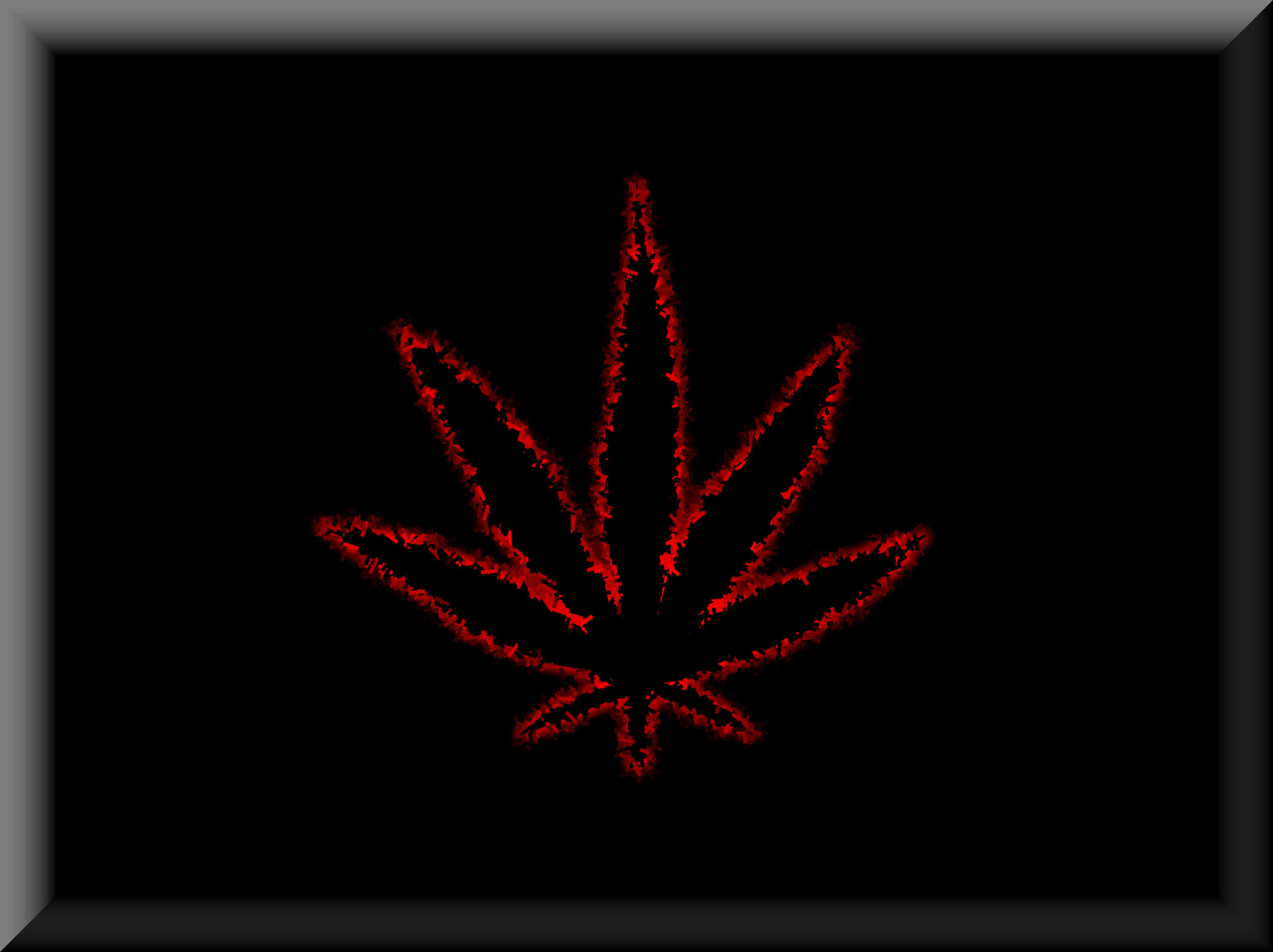 葉子 桌布 壁紙 — 一個發光的紅色大麻葉剪影，帶有紋理邊緣，在由深色邊框框住的純黑色背景上脫穎而出。
