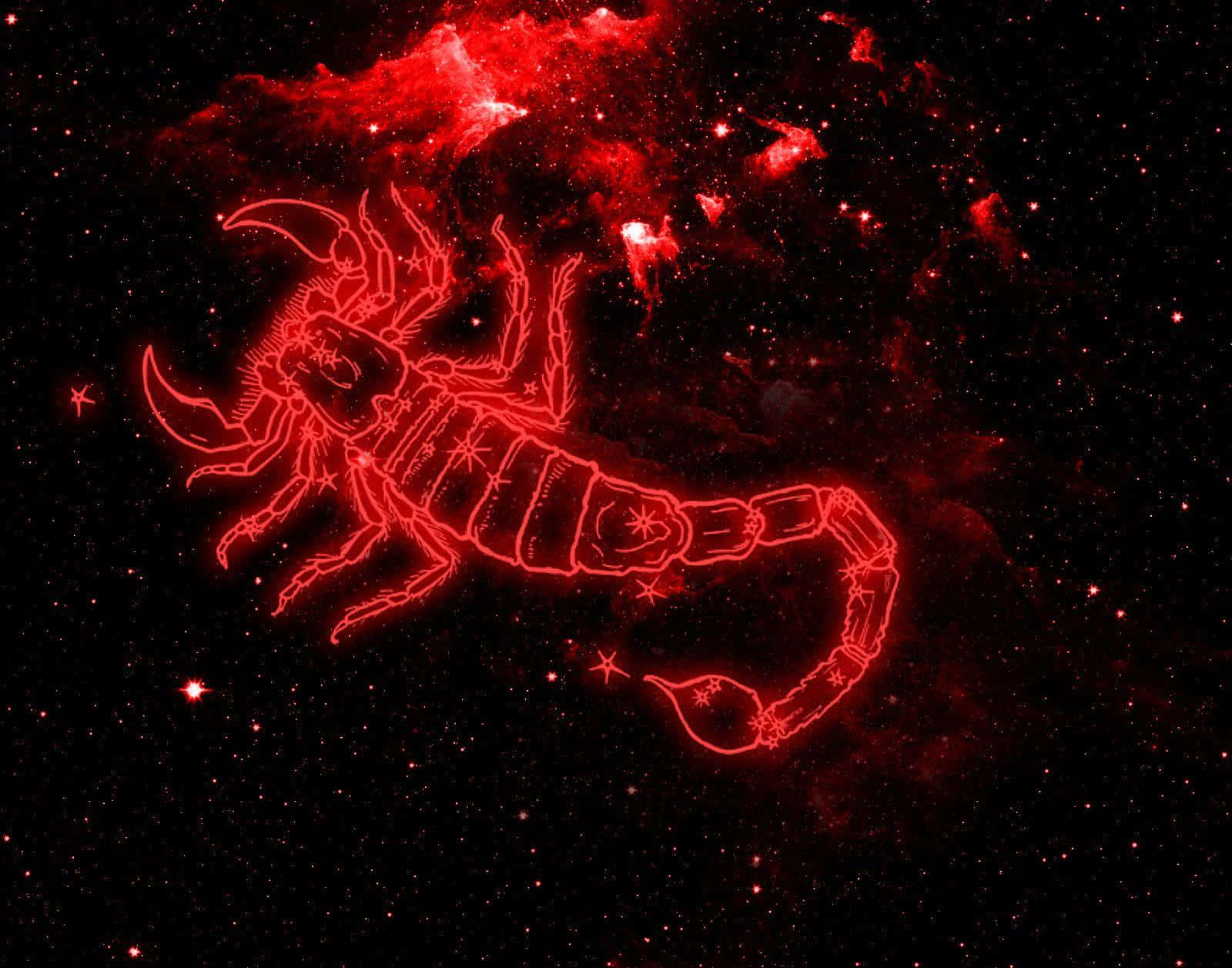 Scorpio 桌布 壁紙 — 一個發光的紅色天蠍座星座，在繁星點點的宇宙背景下，襯托著熾熱的星雲。