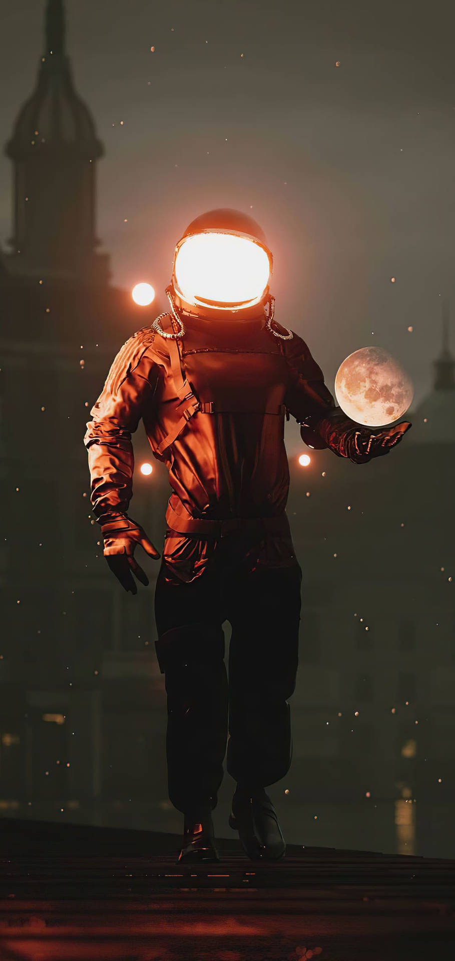 太空人在發光的太空衣下，夜晚在城市天際線背景下手持月亮。