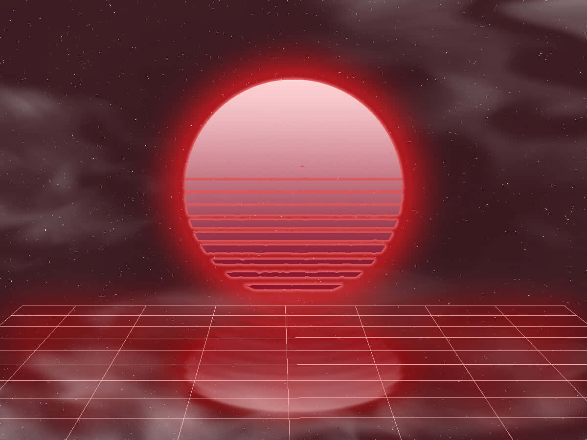 桌布 壁紙 — 一個發光的紅色太陽帶有水平線條，在黑暗星空中的網格地板上昇起，具有蒸氣波美學。