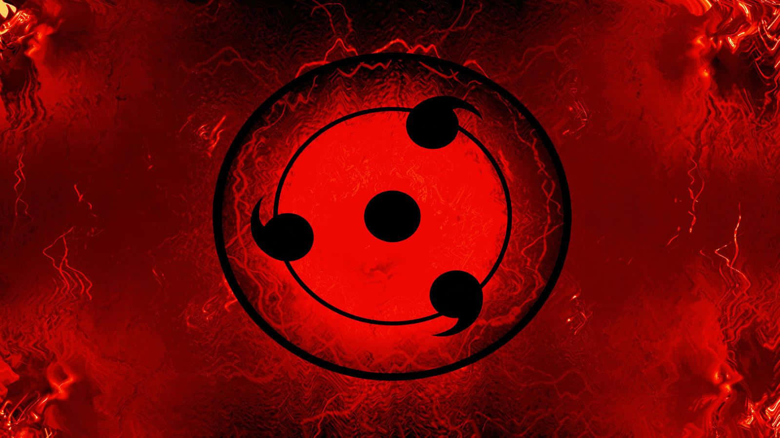 Naruto Eyes 桌布 壁紙 — 一個發光的紅色寫輪眼符號，帶有三個巴紋漩渦，以熾熱的深紅色背景為中心，並帶有劈啪作響的能量效果。