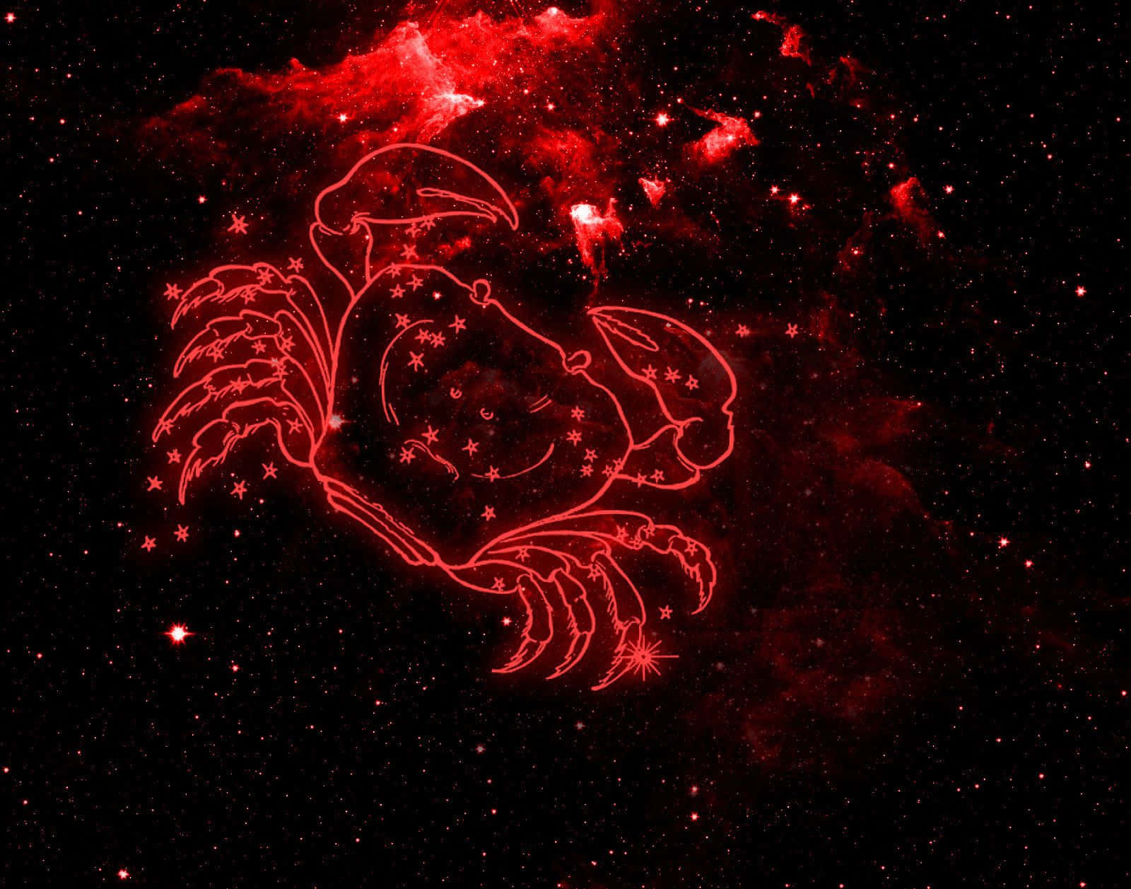 cancer 桌布 壁紙 — 一個發光的紅色巨蟹座星座，以星星勾勒出輪廓，背景是宇宙星雲。
