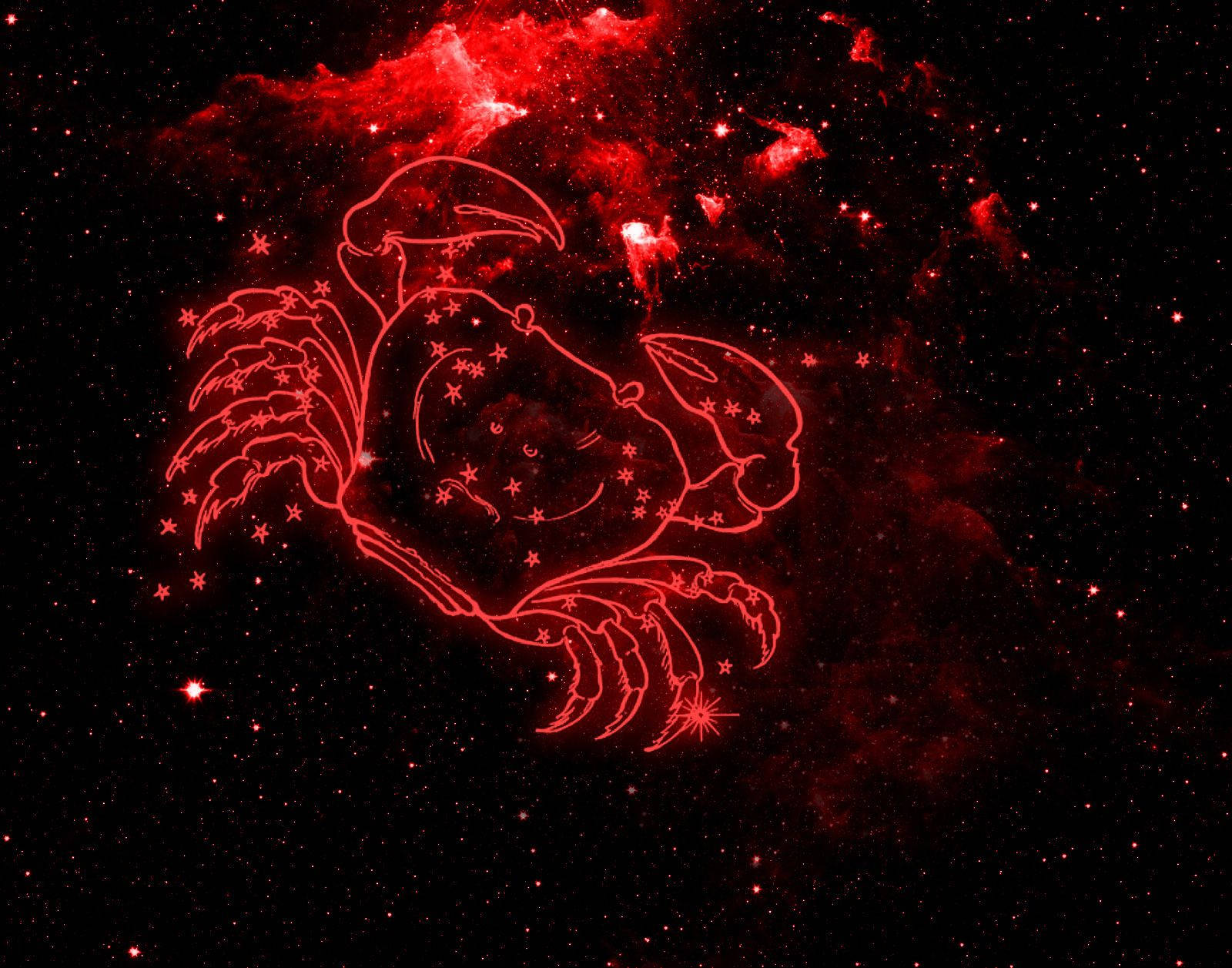 Cancer Zodiac 桌布 壁紙 — 一個發光的紅色巨蟹座星座，以星星勾勒出輪廓，背景是宇宙星雲。