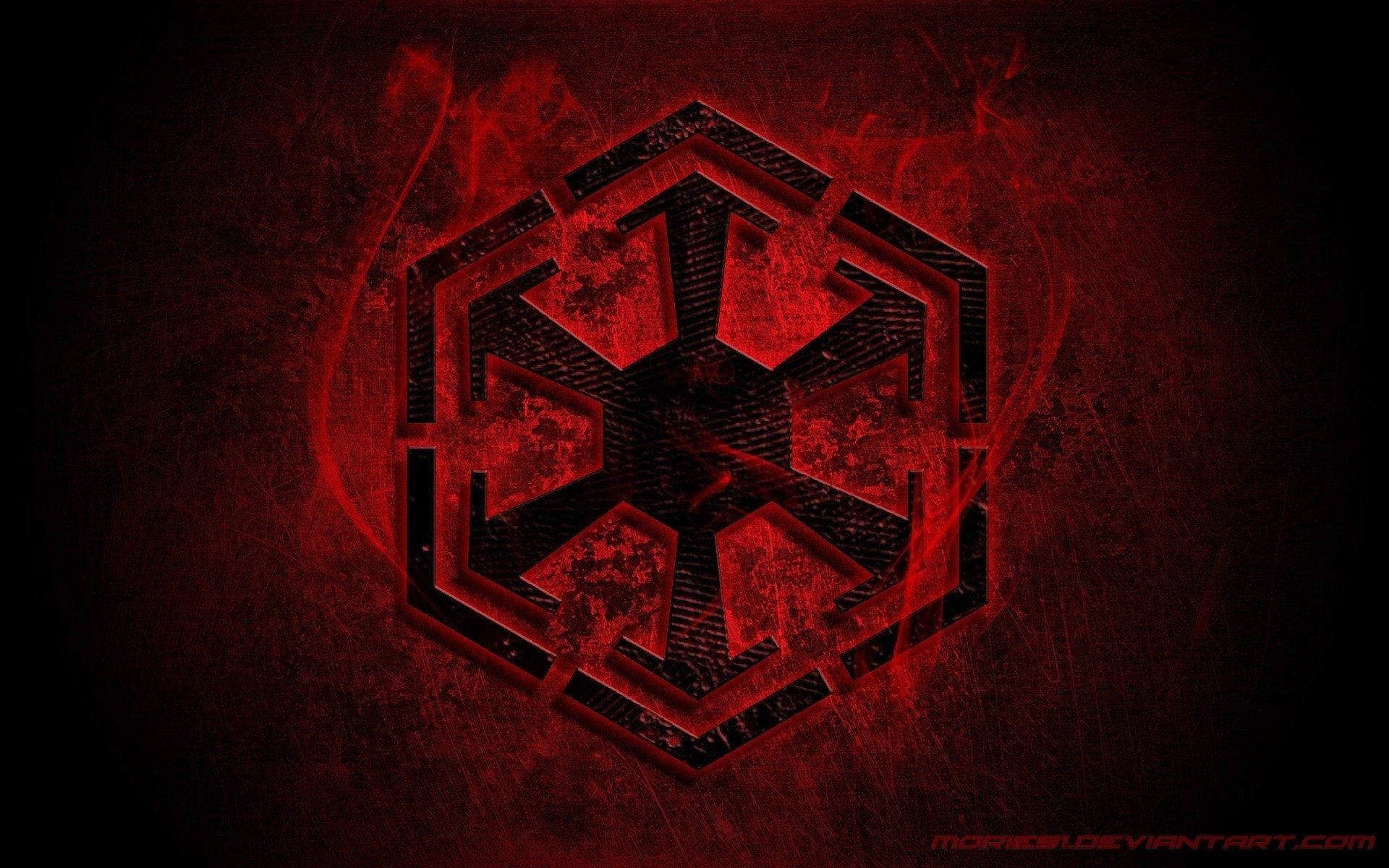 Sith 桌布 壁紙 — 一個發光的紅色帝國徽章，帶有六邊形框架和紋理表面，背景是黑暗煙霧繚繞。