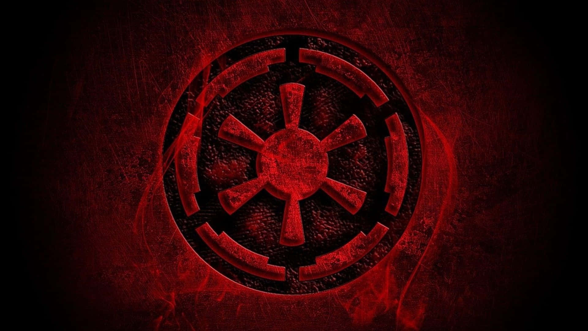 Galactic Empire 桌布 壁紙 — 一個發光的紅色帝國徽章從有紋理的深色表面散發出來，周圍有火焰般的能量旋轉。