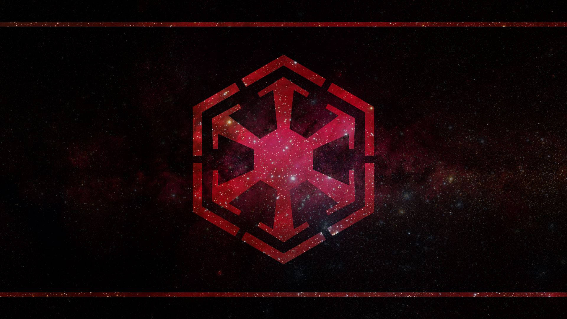 Sith 桌布 壁紙 — 一個發光的紅色帝國徽章漂浮在由細紅線框住的星空宇宙背景上。