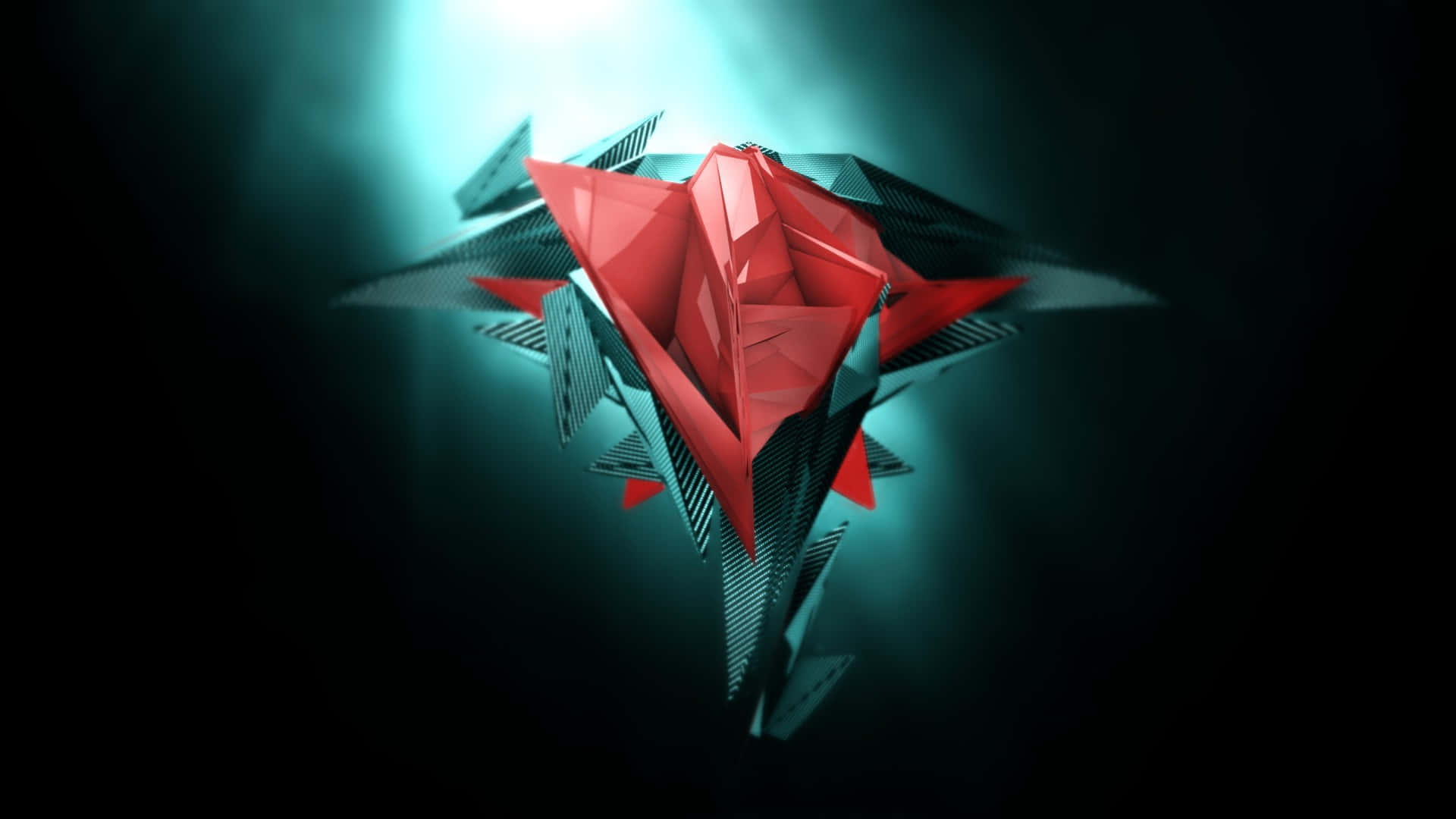 Minimalist HD Geometric Desktop 桌布 壁紙 — 一個發光的紅色幾何摺紙狀結構在深青色背景上漂浮，帶有戲劇性的燈光。