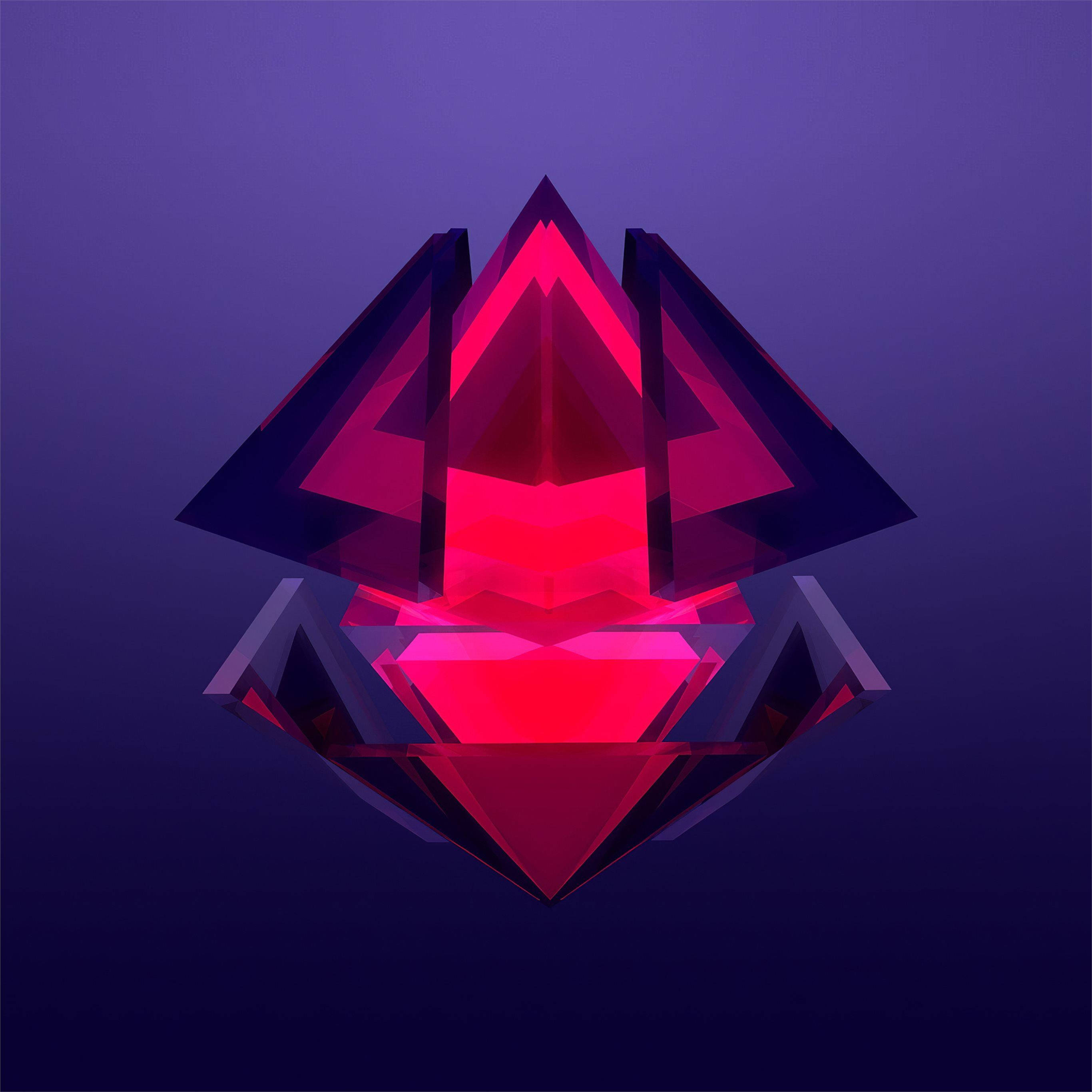 藝術 桌布 壁紙 — 一個發光的紅色幾何晶體結構漂浮在深紫色漸變背景上。