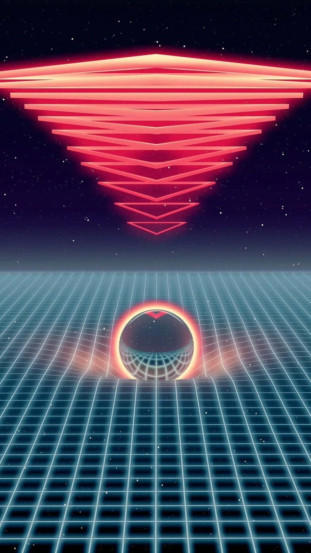 Vaporwave iPhone 桌布 壁紙 — 一個發光的紅色幾何金字塔懸浮在藍色網格地板上方，中心有一個發光的球體，背景是繁星點點的夜空。