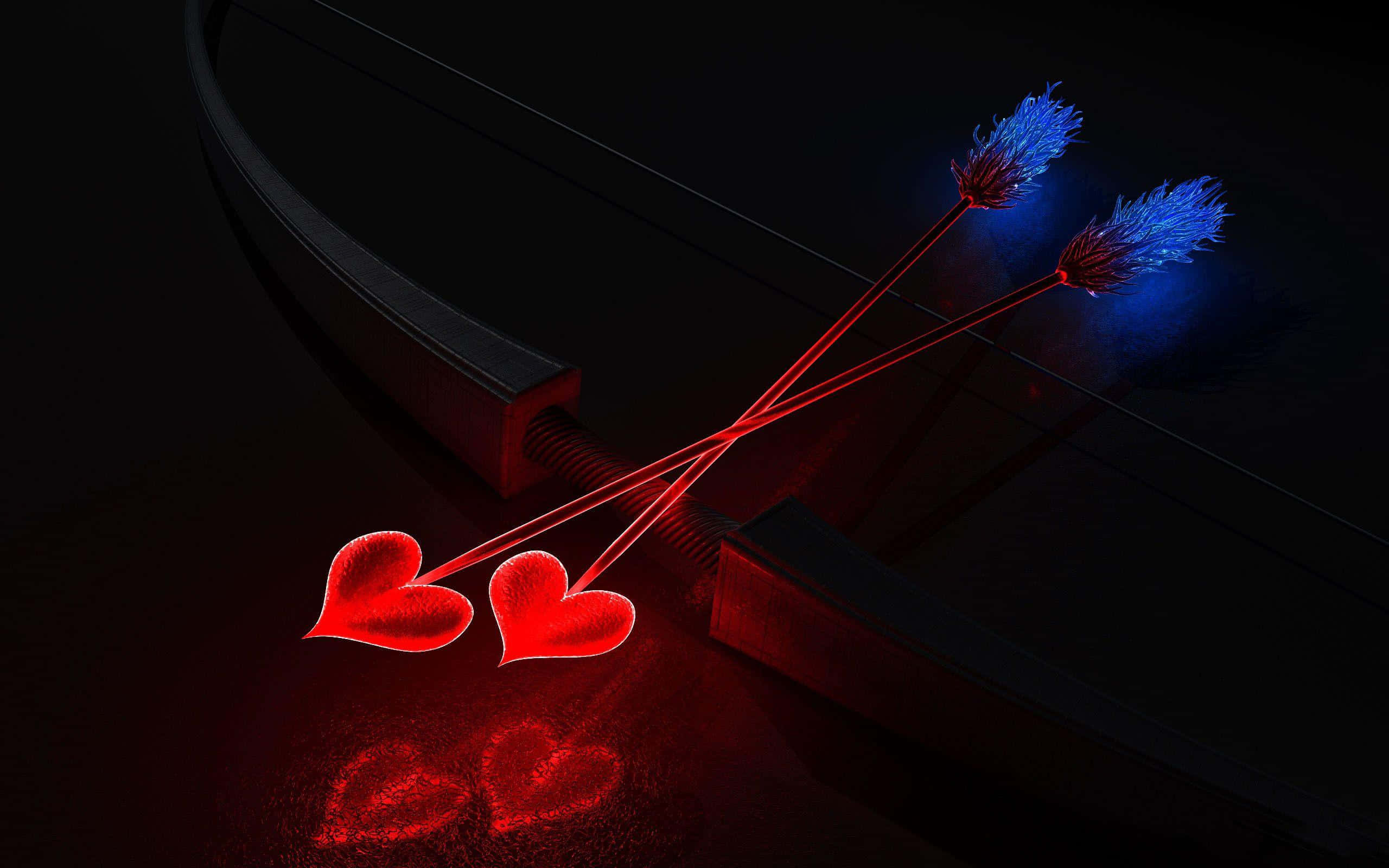 Dark Love 桌布 壁紙 — 一個發光的紅色弓，帶有兩支箭，箭頭有藍色羽毛和紅色心形，在黑暗的地面上投射出心形陰影。