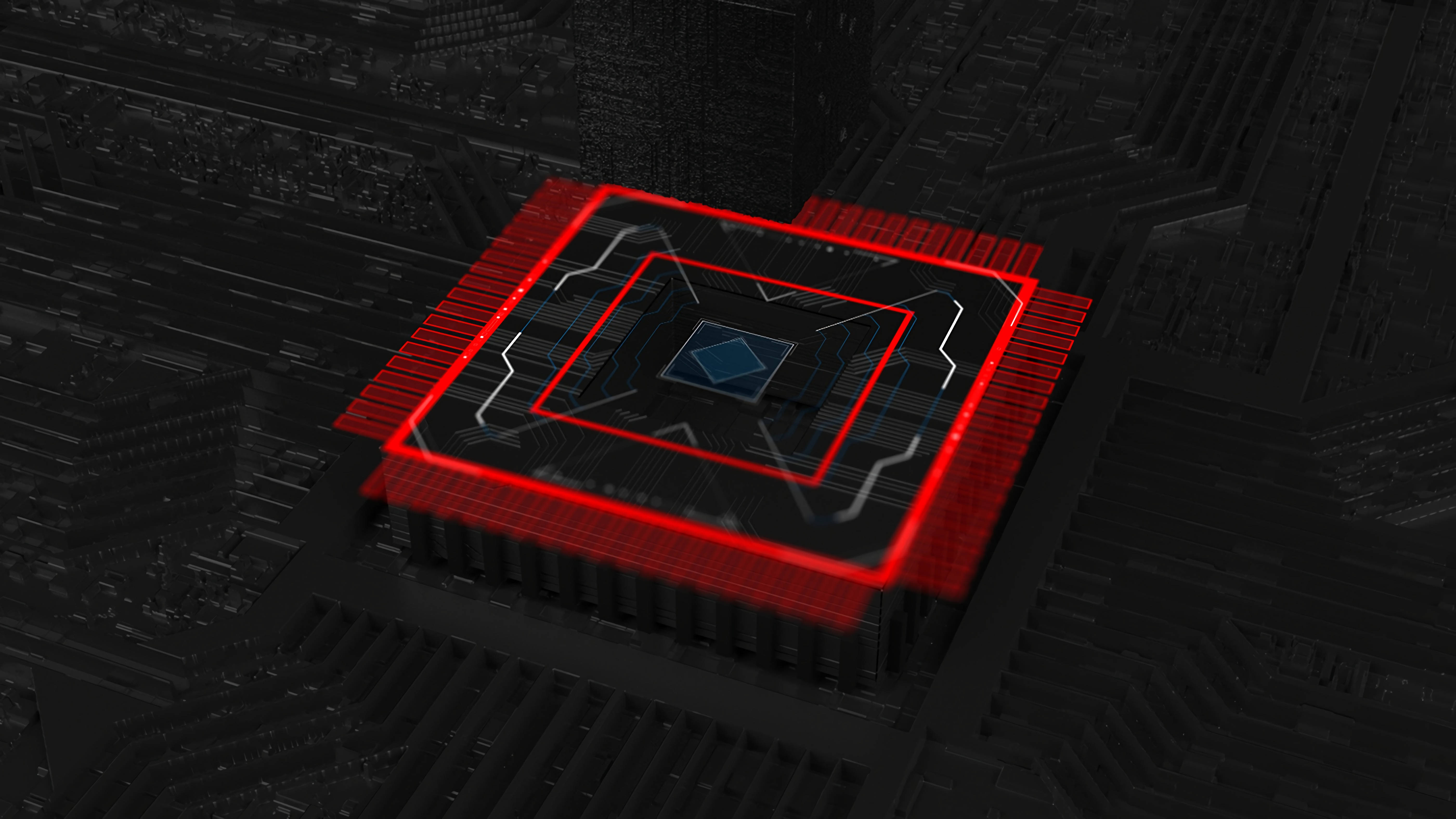 Processor 桌布 壁紙 — 一個發光的紅色微晶片帶有複雜電路，位於深色主機板上，散發著未來科技能量。